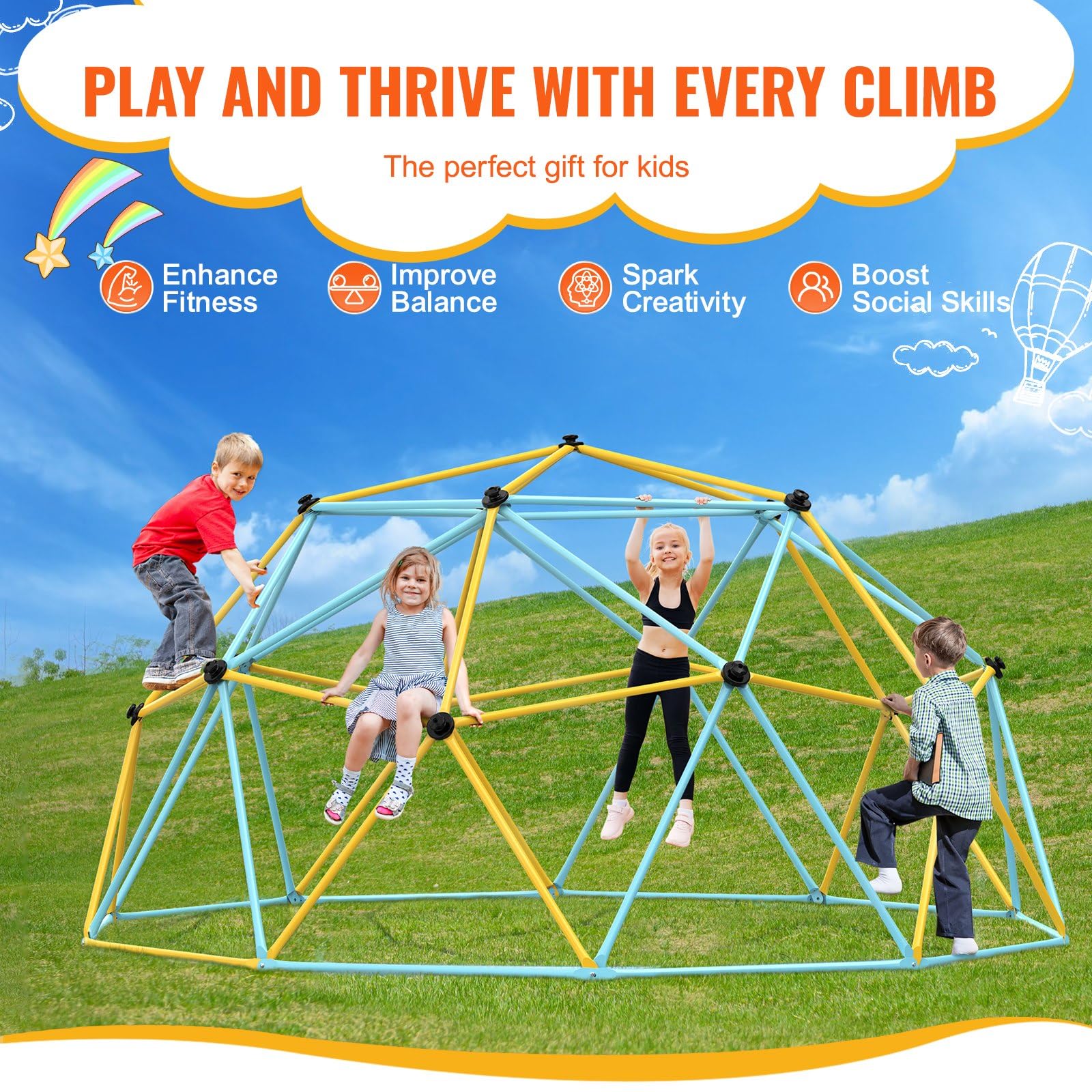 Kletterkuppel 3,66m geometrisch 340kg Tragfähigkeit für Kinder | 340 kg Tragfähigkeit mit verzinktem Stahl und glatten Klettergriffen für sicheren Spielspaß