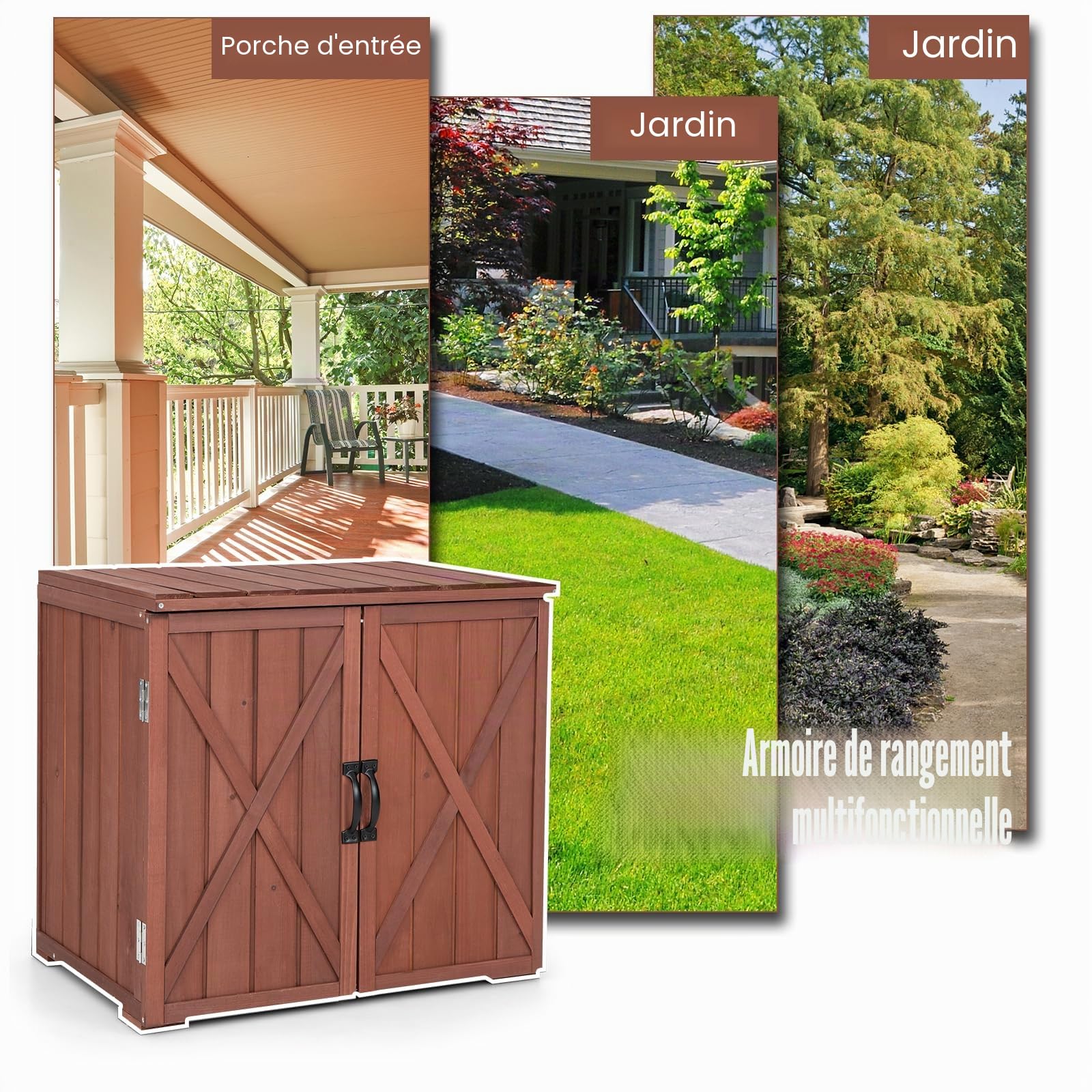 HOMASIS Étagère de jardin en bois, abri de jardin résistant aux intempéries, armoire en bois avec double portes et 2 poignées, abri de rangement pour outils de jardin, 77 x 56 x 72 cm, Café