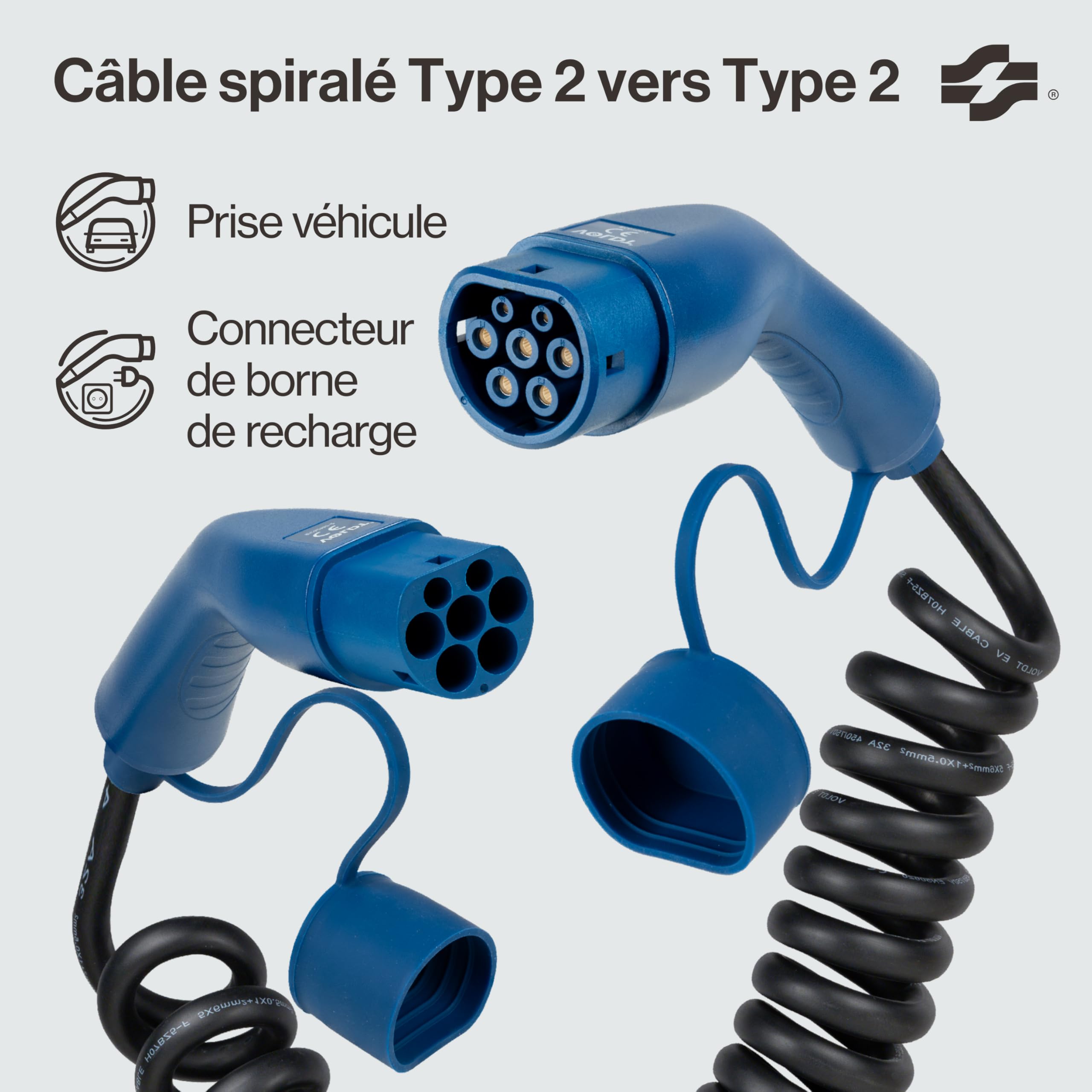 VOLDT Câble de charge spirale 2 11 kW 16 A 3 phases pour véhicules électriques EV PHEV type 2 vers type 2 Mode 3 Compatible Tesla Model S/X/Y/3, ID.4, E-Tron, e-208, I4, IX1, Zoe, IP67