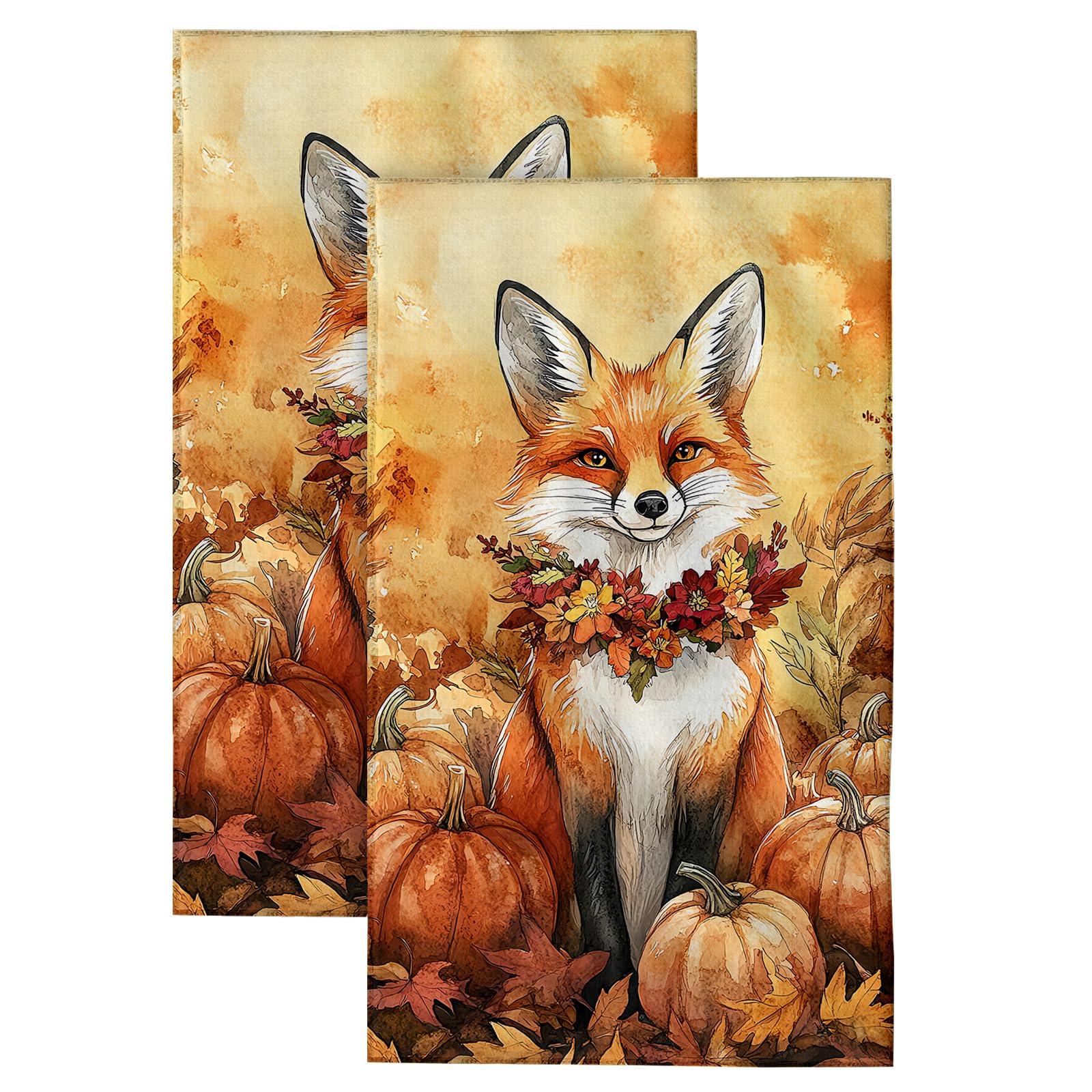 ANTJOO Cute Fox Hand Towels for Bathroom，Set of 2 Soft Absorbent Breathable Fall Pumpkins Bath Hand Towel for Bathroom Kitchen Hotel Gym 28 x 14 in