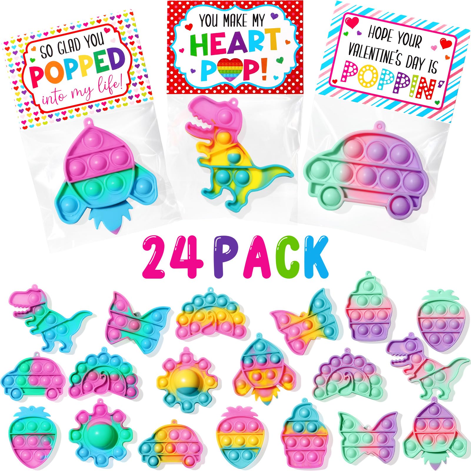 Easter Basket Stuffers Easter Gifts for Kids, 24 Pack Pop Dinosaur Fidget Toy & Card Birthday Easter Basket Stuffers for Teen Toddler Boy Girl Age 3+, Prefilled Easter Egg Fillers Goodies Bags