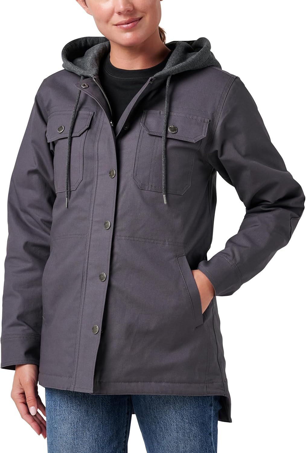 Lucky Brand Workwear Women's Shirt Jacket with Fleece Hood & Quilted Lining, Iron, Small