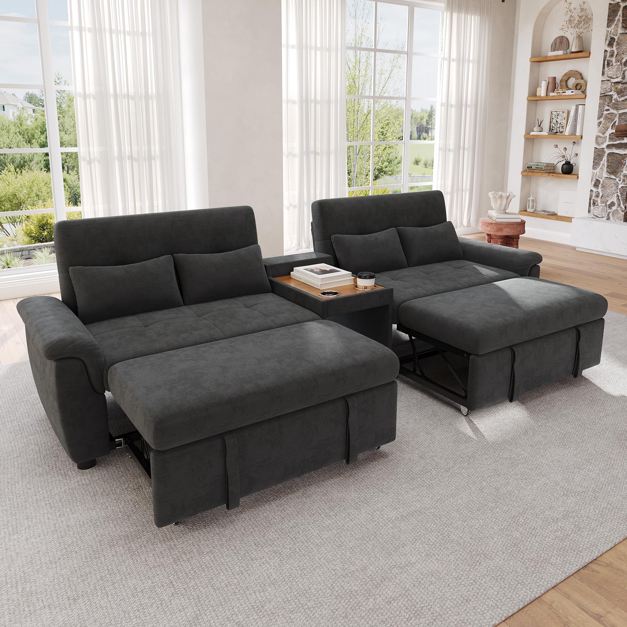 Canapé d'angle Convertible, 3 en 1 Canapé 4 Places en U, Canapé-lit avec Dossier Réglable, Espace pour Animaux, 4 Coussins, Table Basse avec 2 Porte-gobelets pour Salon, Gris Anthracite