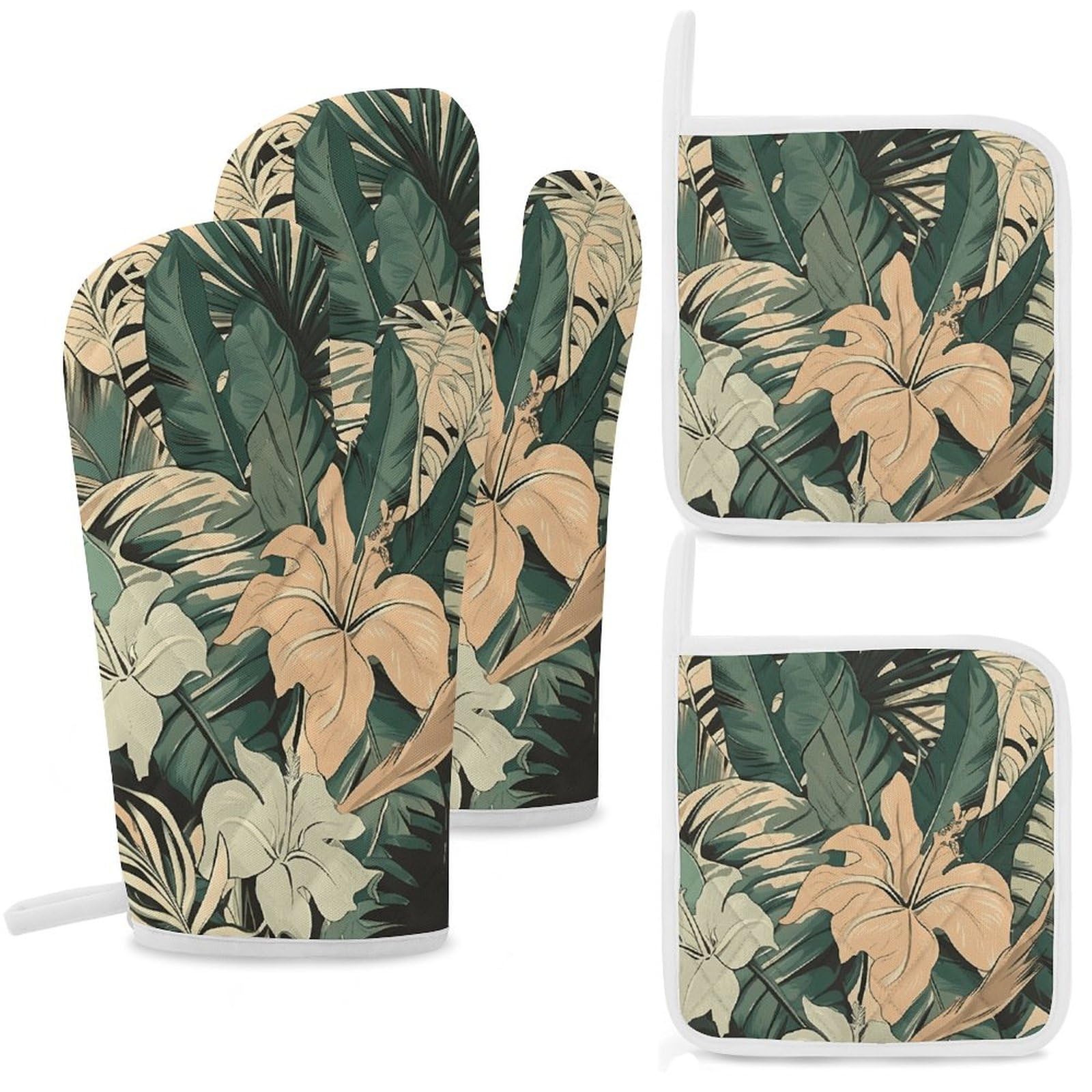 Maniques résistantes à la chaleur lot de 4 gants de cuisine antidérapants motif tropical