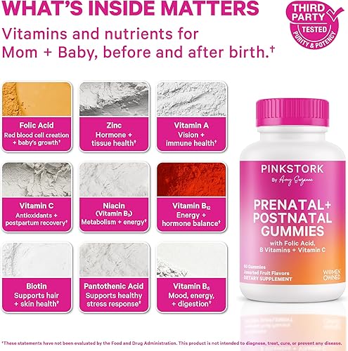 Miniatura 2 de Pink Stork Fertilidad + vitaminas prenatales + gomosas posnatales – Apoyo completo para el viaje de la maternidad – Multivitamínico con folato,