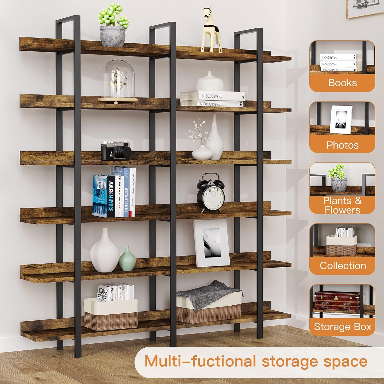 FRAPOW 83Inch Industrial Bookshelf and Bookcase, Double Wide 6 Tier Large Vintage Book Shelf with Metal Frame Open Bookshelves for Living Room Home Office