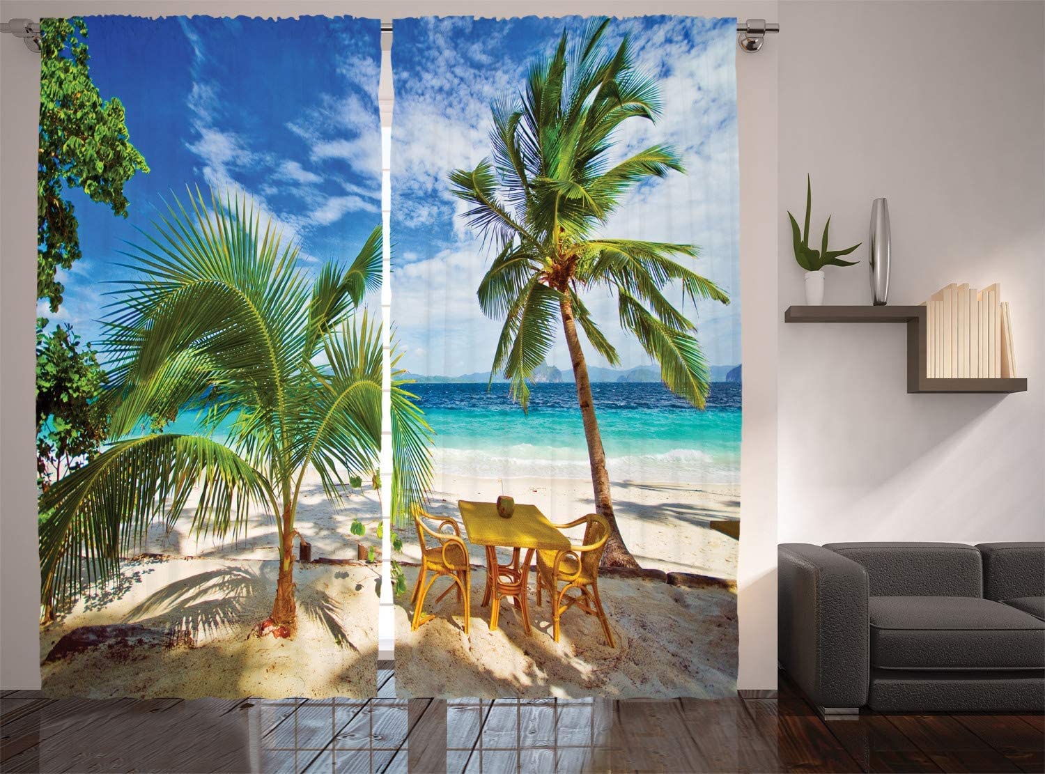 Coastal Curtains Dining in Beach Under The Sun Rays Palm Trees Shadows Shades Vacation Image Living Room Bedroom Window Drapes