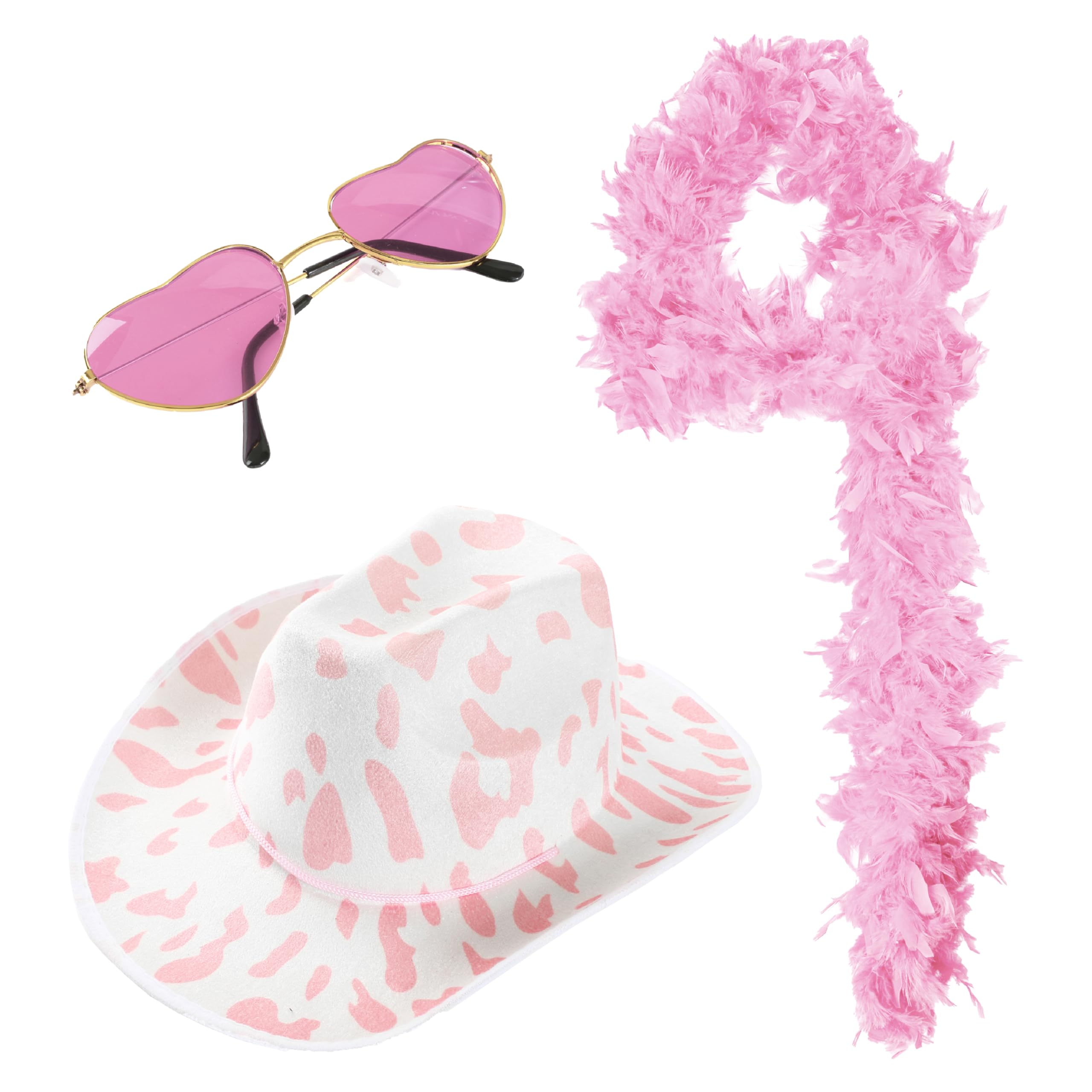 Love Tour Accessory Set - Pink Cow Print Cowboy Hat, Baby Pink Feather Boa and Heart-Shaped Glasses - Adults Pop Icon Concert Fancy Dress Costume