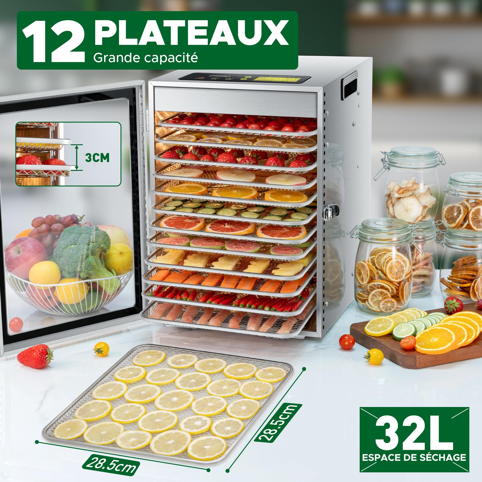 Kwasyo Deshydrateur Alimentaire avec 12 Plateaux Inox, Séchage efficace à 360 ° double ventilateur, Desydratateur Minuterie 24H et contrôle de température de 30 à 90 ℃, Protection contre la surchauffe