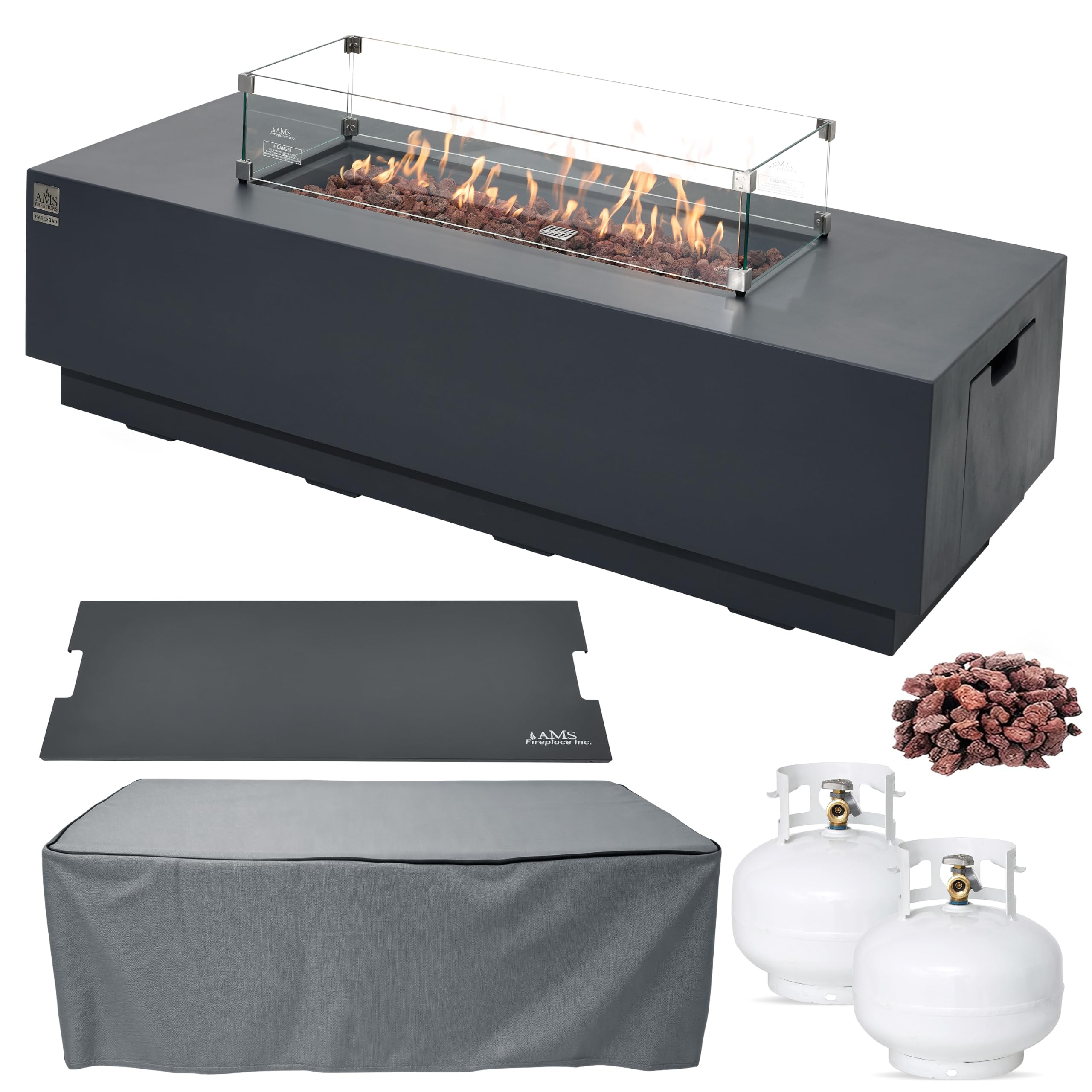 AMS 66" Rectangular Concrete Propane Gas Fire Pit Table Bundle, Dark Gray