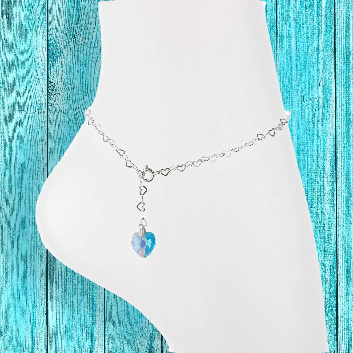Cavigliera XL 32 cm in argento Sterling 925 da donna con ciondolo a forma di cuore Swarovski Elements, regolabile individualmente, per donne e ragazze.