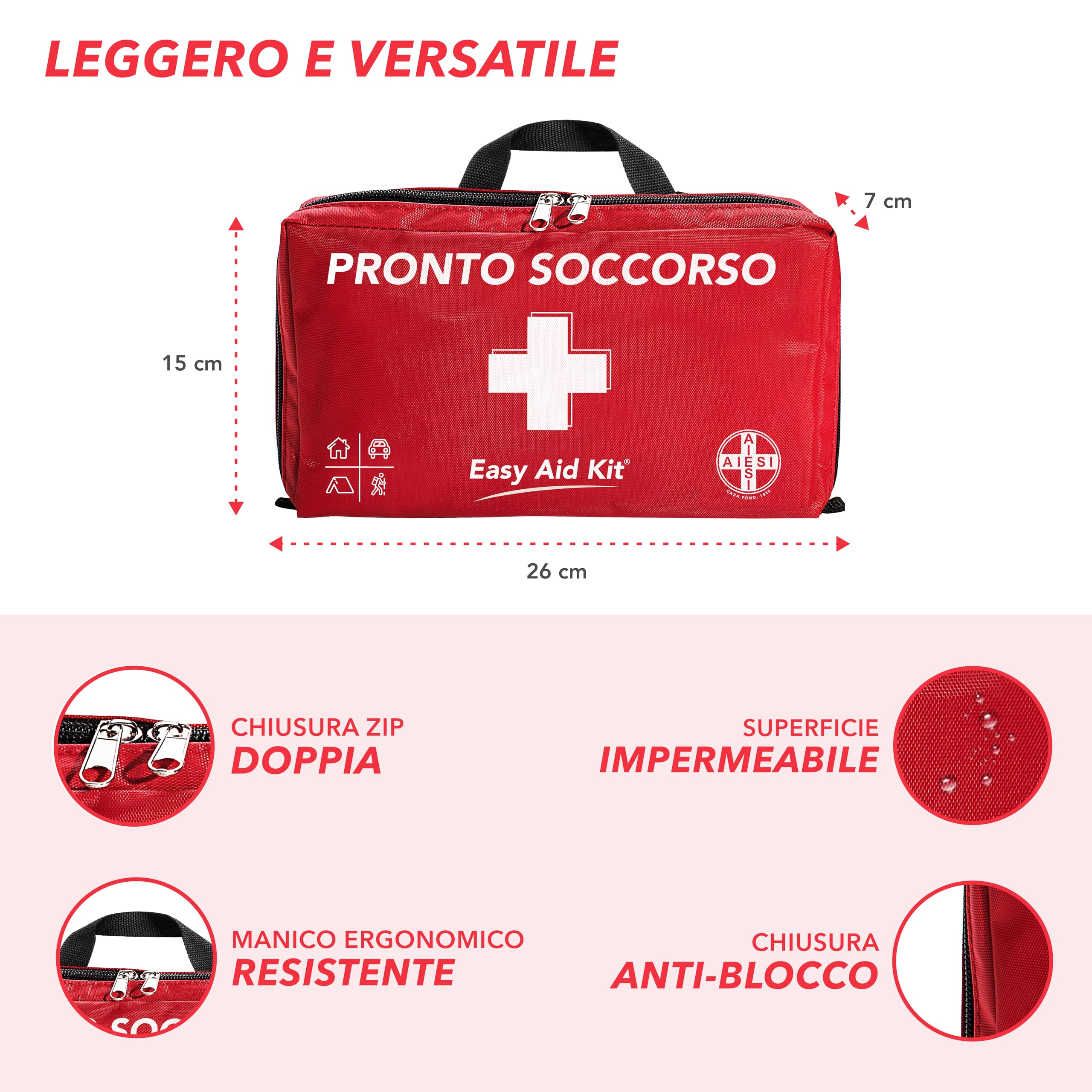 AIESI® Kit di Pronto Soccorso professionale con TERMOMETRO e DISINFETTANTE per auto casa viaggio barca moto trekking EASY AID KIT, Borsa di emergenza completa per medicazione, Made in Italy