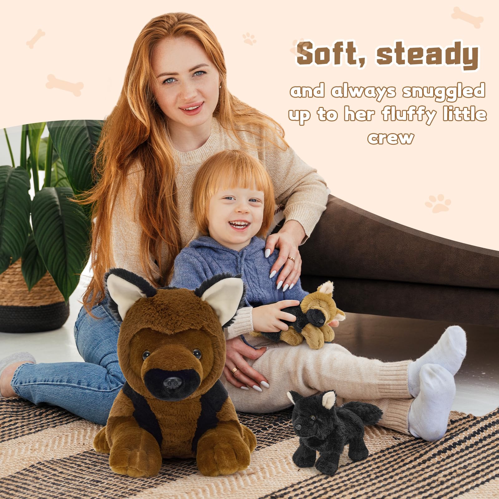 MorisMos Big German Shepherd Dog Teddy Soft Toy, 45cm Mom Dog with 3 Cuddly Baby Inside, Lifelike Brown Dog Stuffed Animal Plush Cuddly, Kawaii Presents for Kids Birthday Party Decorations — view 4