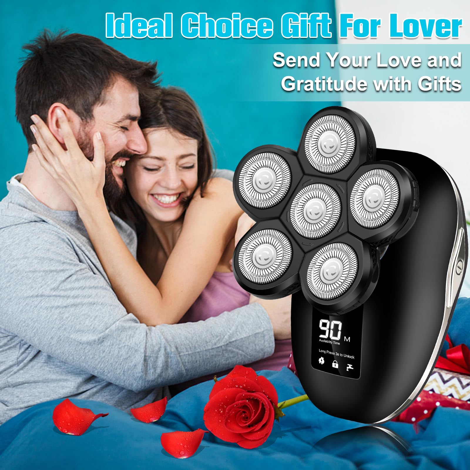 Rasoio elettrico da uomo, 6 in 1, rasoio elettrico da uomo, IPX7, impermeabile, con testa rotante e display a LED, regalo per marito, papà, fidanzato (argento)