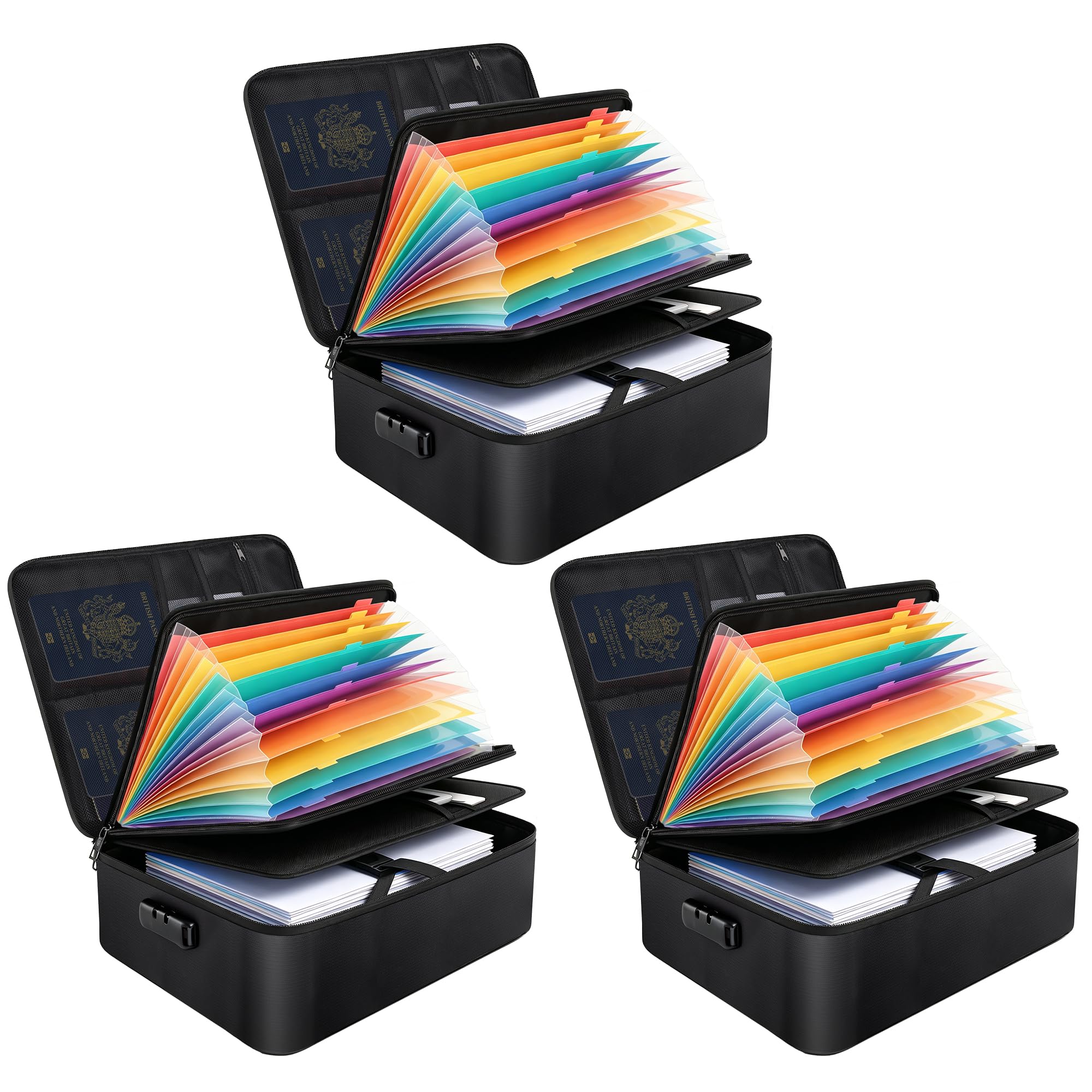 3-Pack SGS 800°C Large Fireproof Document Box with Lock, 38x30x15cm