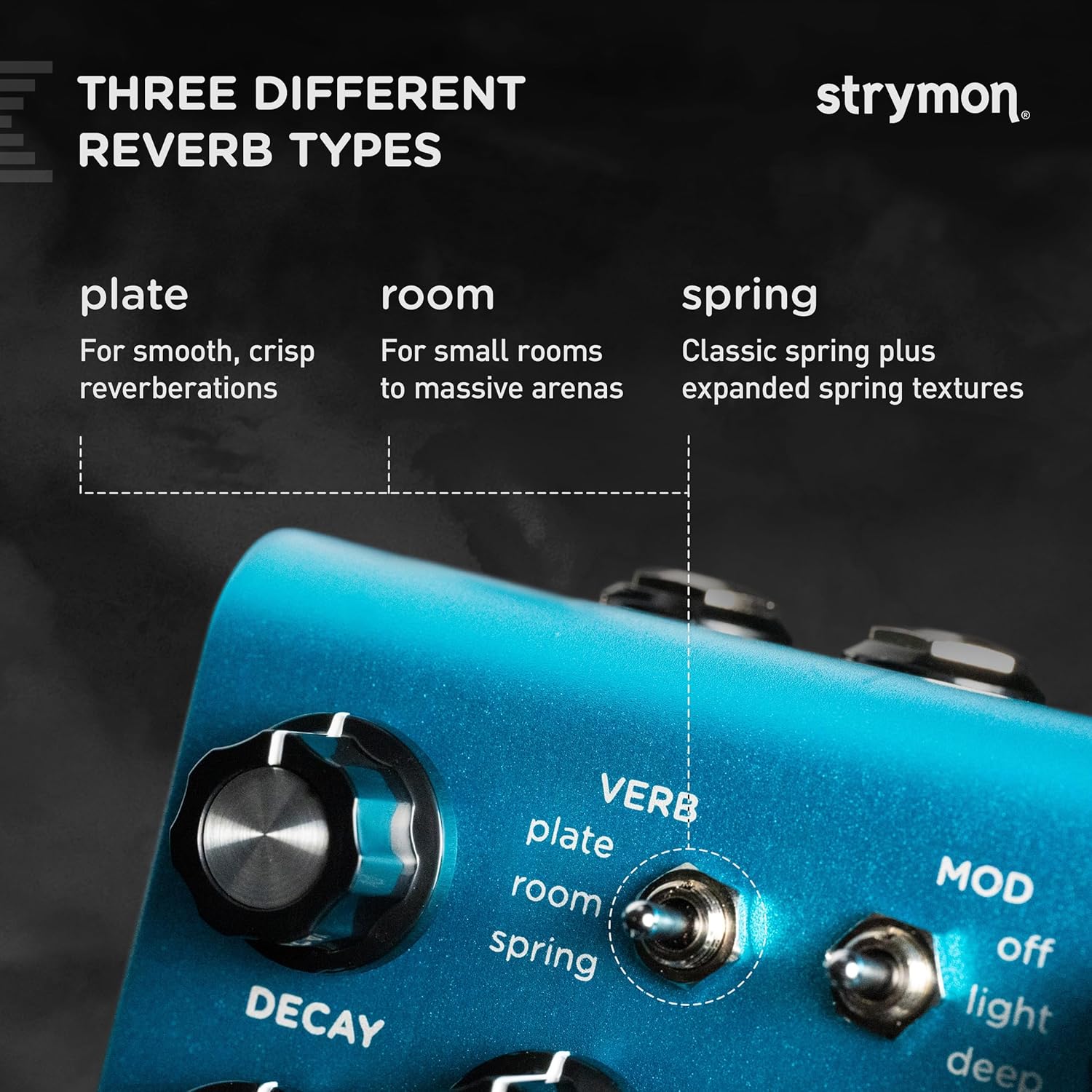 Close-up of Verb toggle switch showing Plate, Room, and Spring options.