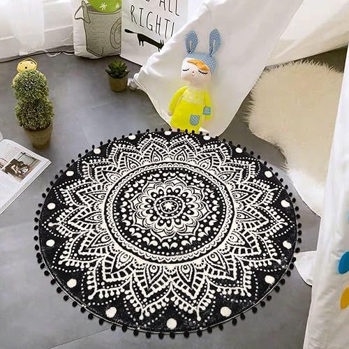 Miniatura 7 de Uphome Alfombra redonda bohemia para dormitorio, 3 pies, diseño de mandala, color negro, con pompones, flecos, lavable, alfombra circular