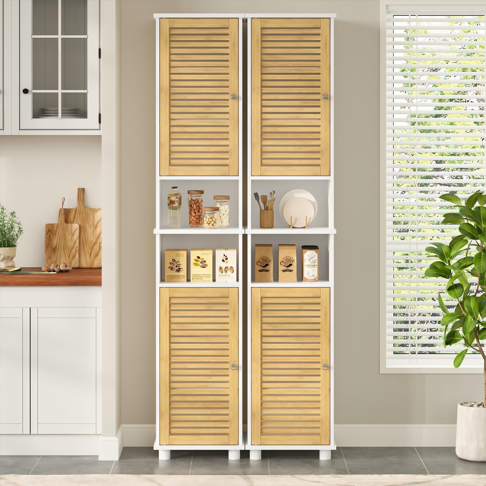 Badezimmer Hochschrank, Badzimmerschrank mit 2 offenen Fächern und verstellbaren Ablagen, Badschrank mit 2 Bambustüren, Badmöbel, für Wohnzimmer, Küche und Bad, 32 x 30 x 190 cm