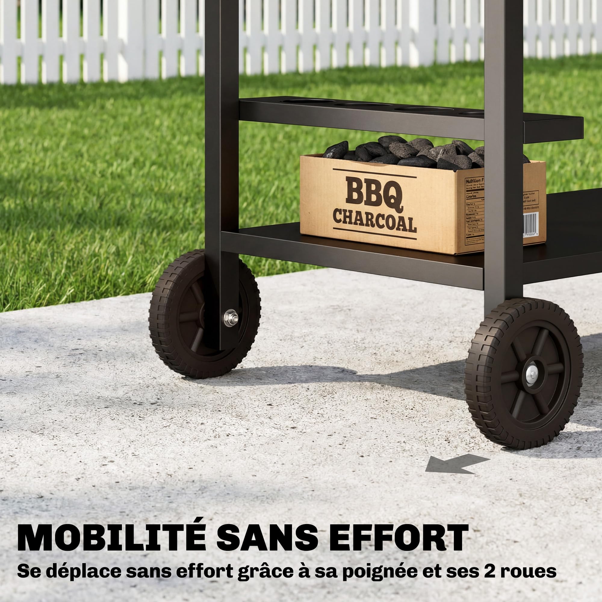 Outsunny Desserte jardin chariot barbecue 2 niveaux plateau métal aspect bois porte-boissons crochets 97x51x83 cm noir marron