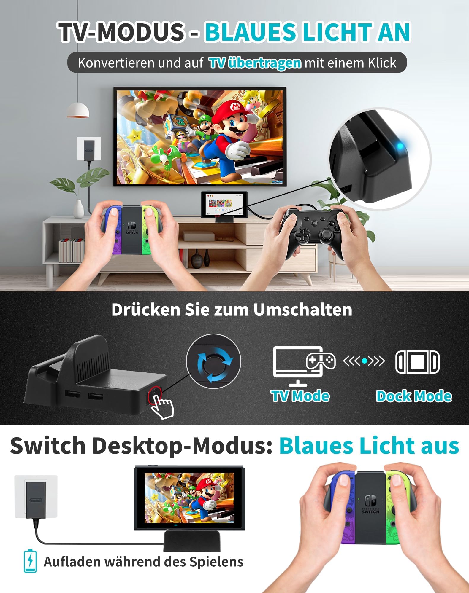 Switch Docking Station für Nintendo Switch/Switch OLED, tragbarer Switch Ladestation Switch Dock 4K HDMI TV Adapter Aufladehalterung mit USB 3.0 Port, Switch Zubehör Ständer für Nintendo Official