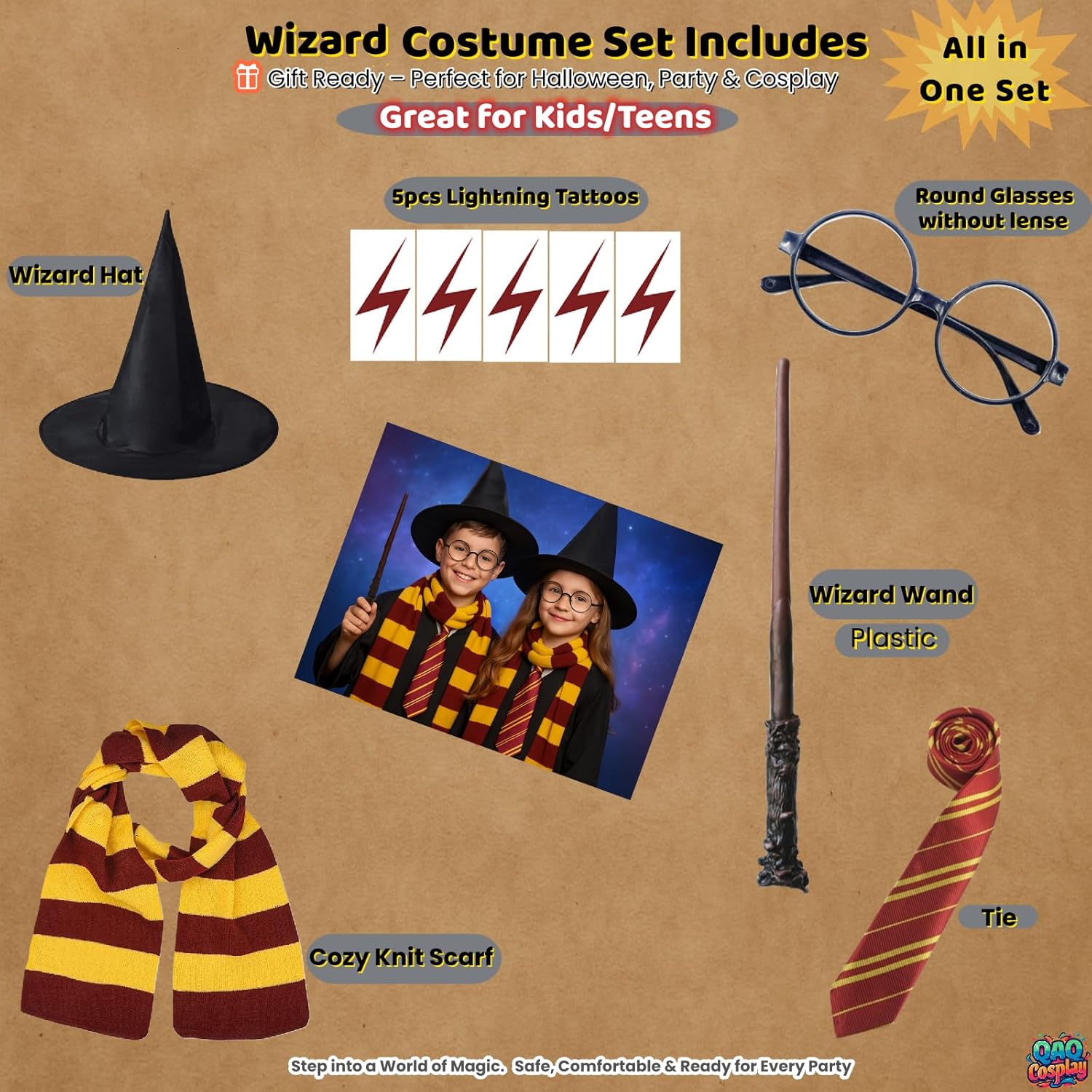 Wizard Costume Accessories for Kids 3-12 - Wand, Scarf, Tie and Wizard Hat for Halloween Cosplay Party Supplies - Image 2