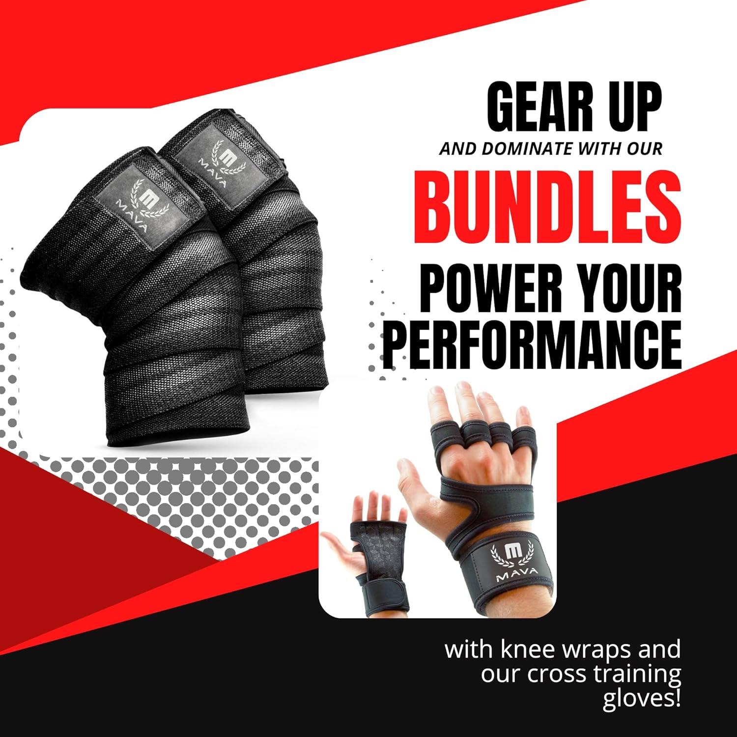 Mava Sports Knee Wraps with Elastic Support and Cross Training Gloves with Wrist Support and Silicone Padding for Men & Women