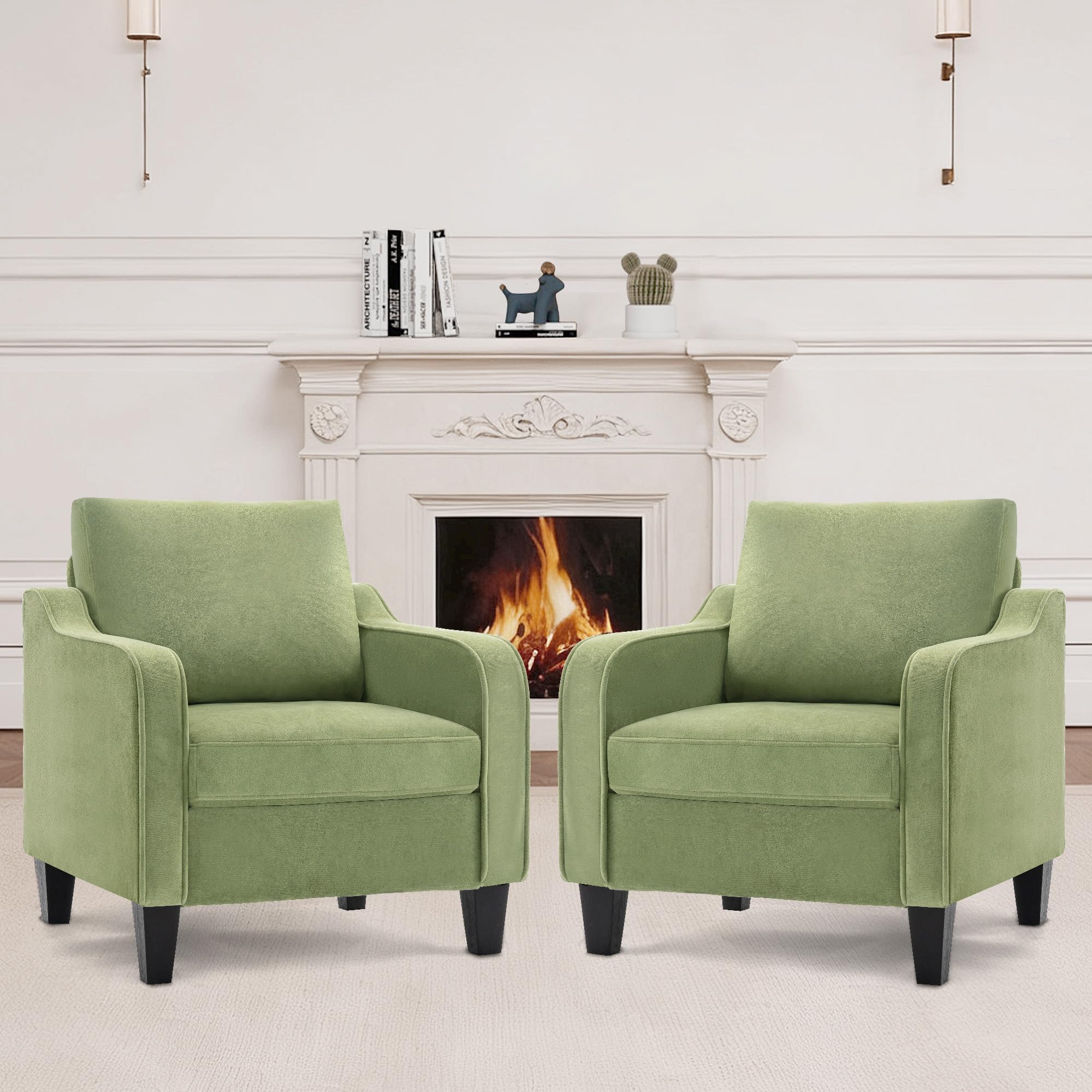 Sillón de Acento Estilo Mid Century Moderno, Cojín Grueso de Tela de Lino, Silla Sofá Individual Cómoda para Salón, Dormitorio, Apartamento, Oficina (Espacios Pequeños)，Verde