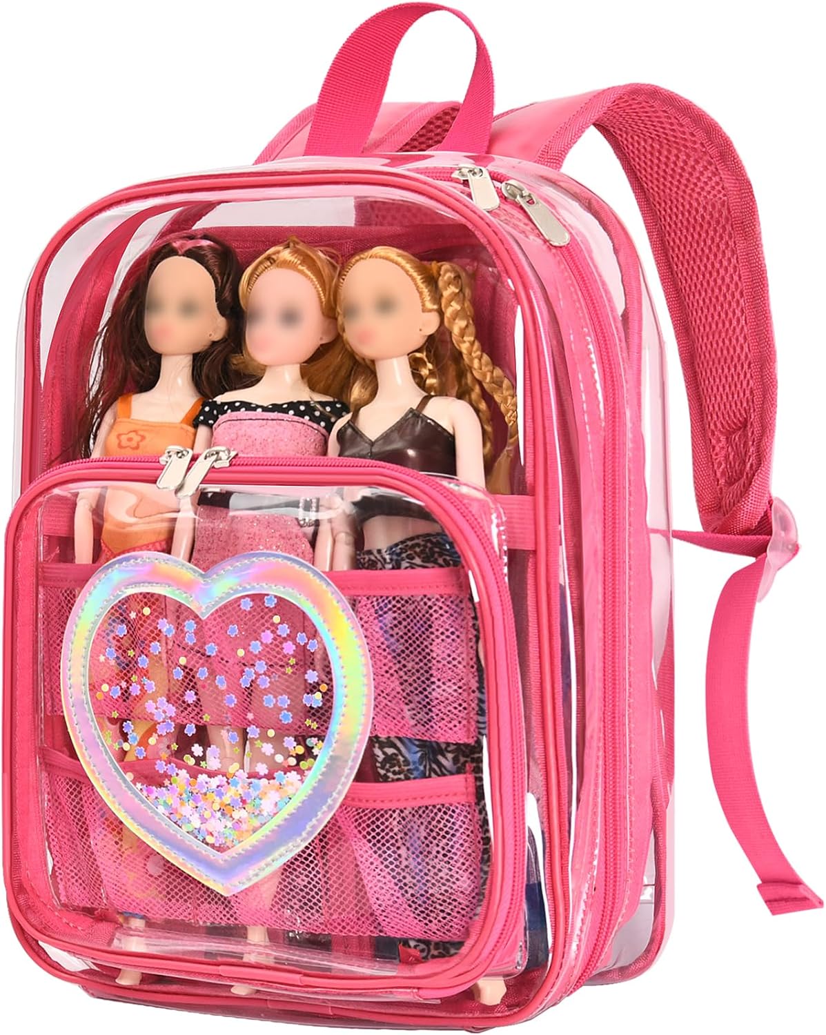 Backpack Compatible with Barbie Dolls 12-Inch, Transparent Storage Box, Barbie Doll Display Holds up to 6 Dolls, Display Pockets for Doll’s Clothes, Accessories, Bag Only (Magenta)