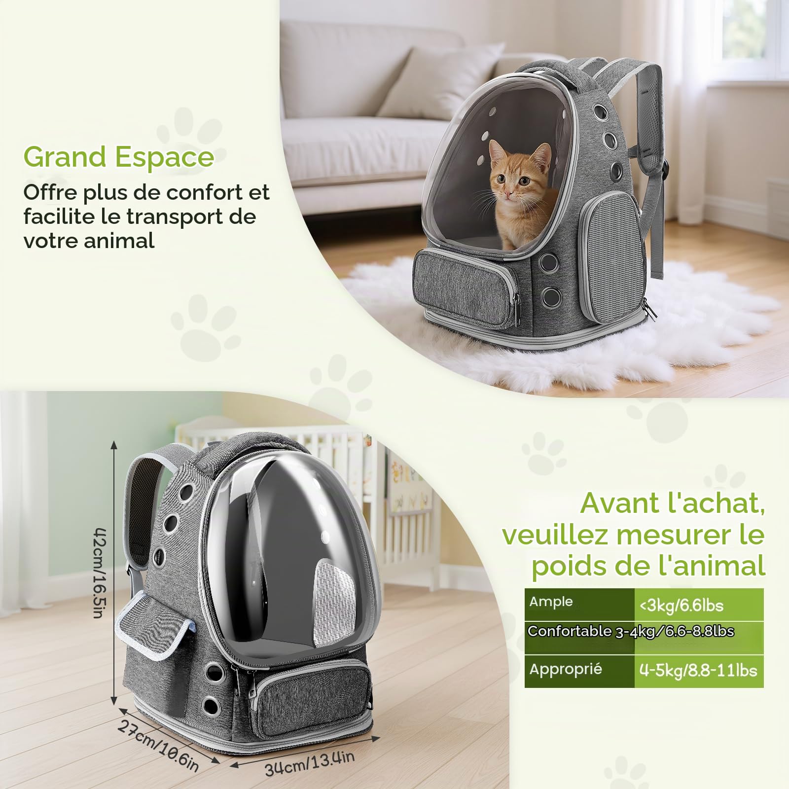Sac à Dos pour Chat Bulle Transparent, Sac de Transport pour Animal - Sac Portable et Pliable pour Chien/Chat jusqu'à 5kg, Respirant et Léger pour Vétérinaire, Voyage (Gris, 42x34x27cm)