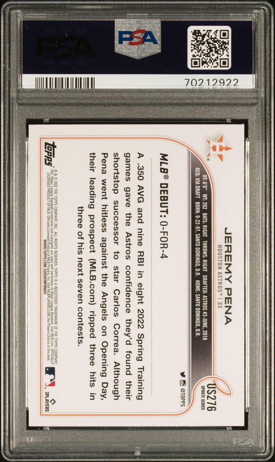 Graded 2022 Topps Update Jeremy Pena #US276 Rookie RC Baseball Card PSA 10 Gem Mint