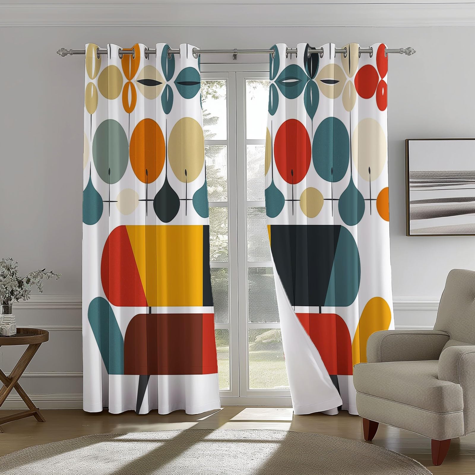 Rideaux Occultants Isolants Anti-Froid 91.5L X 160H cm (2 Panneaux), Design Géométrie Rétro, Tenture à Œillets Opaque pour Salon et Chambre, Coloré