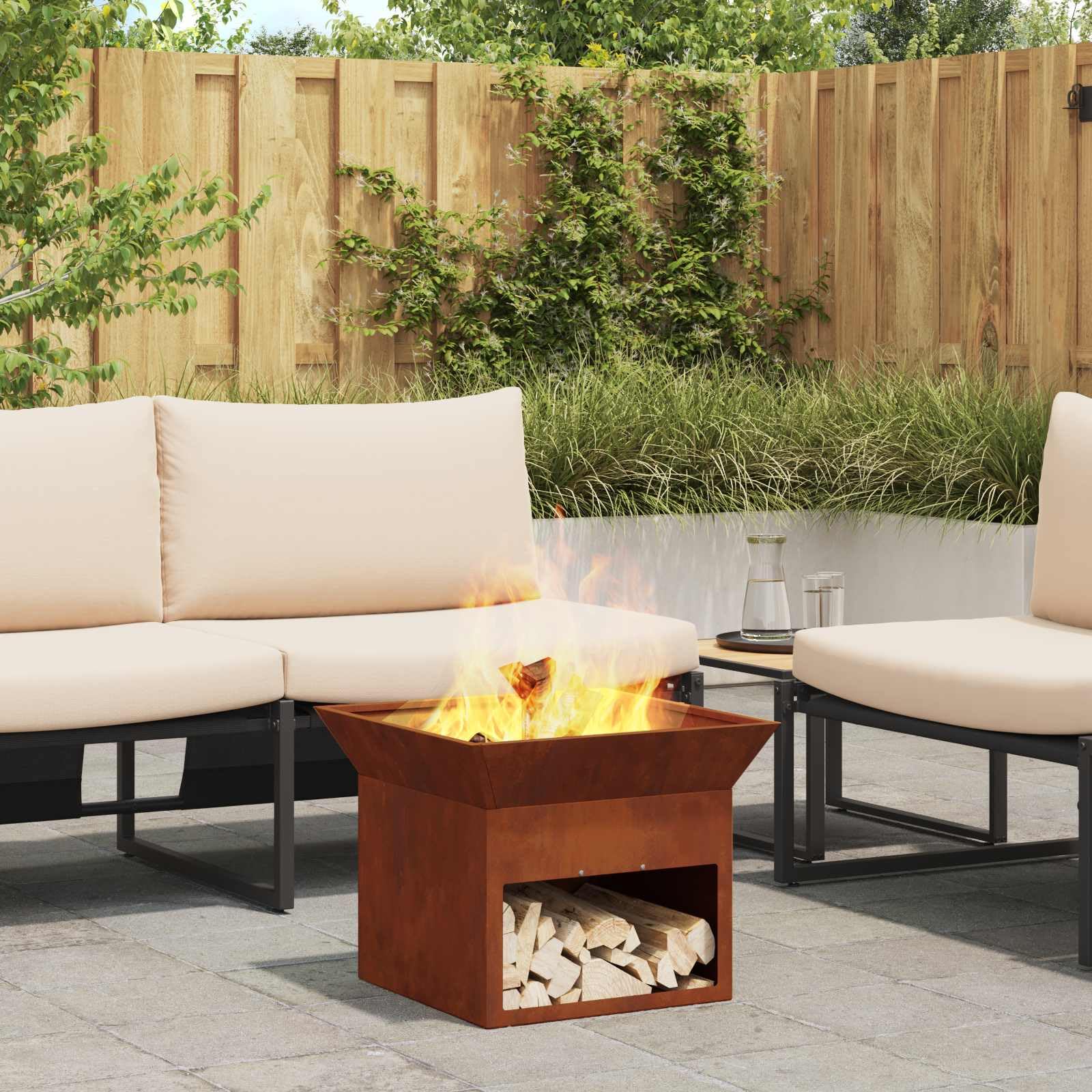Brasero de acero resistente a la intemperie, 50 x 50 x 40 cm, cúbico oxidado, con ventilación abierta, para jardín, terraza, exterior, calidez y ambiente en celebraciones