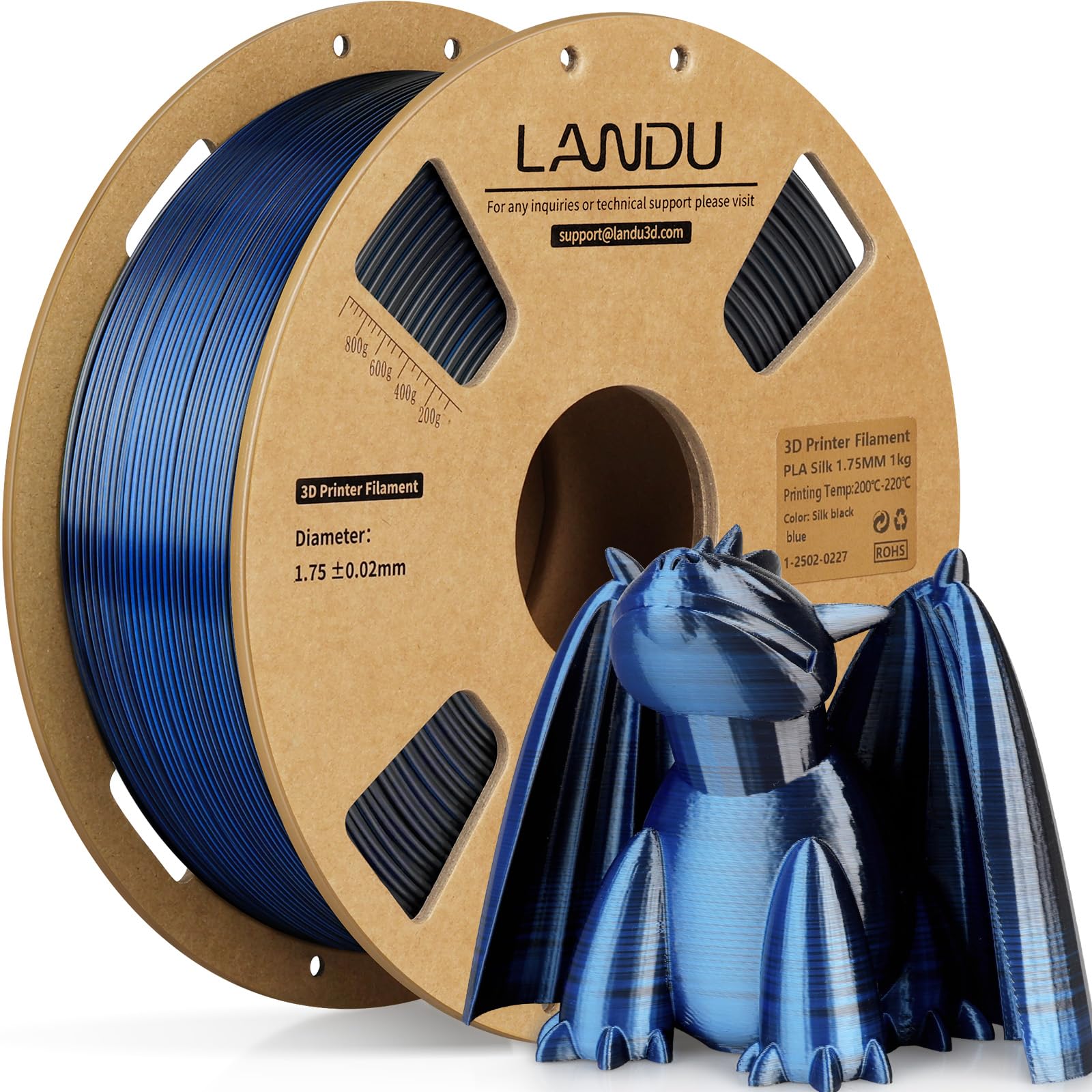 LANDU Silk Dual Color PLA Filament 1.75mm 1KG, 3D Printer Filament Dimensional Accuracy +/- 0.02mm, Coextrusion Filament PLA Shiny Filament Fits for Most FFF 3D Printers,1KG Spool (2.2lbs) Black Blue