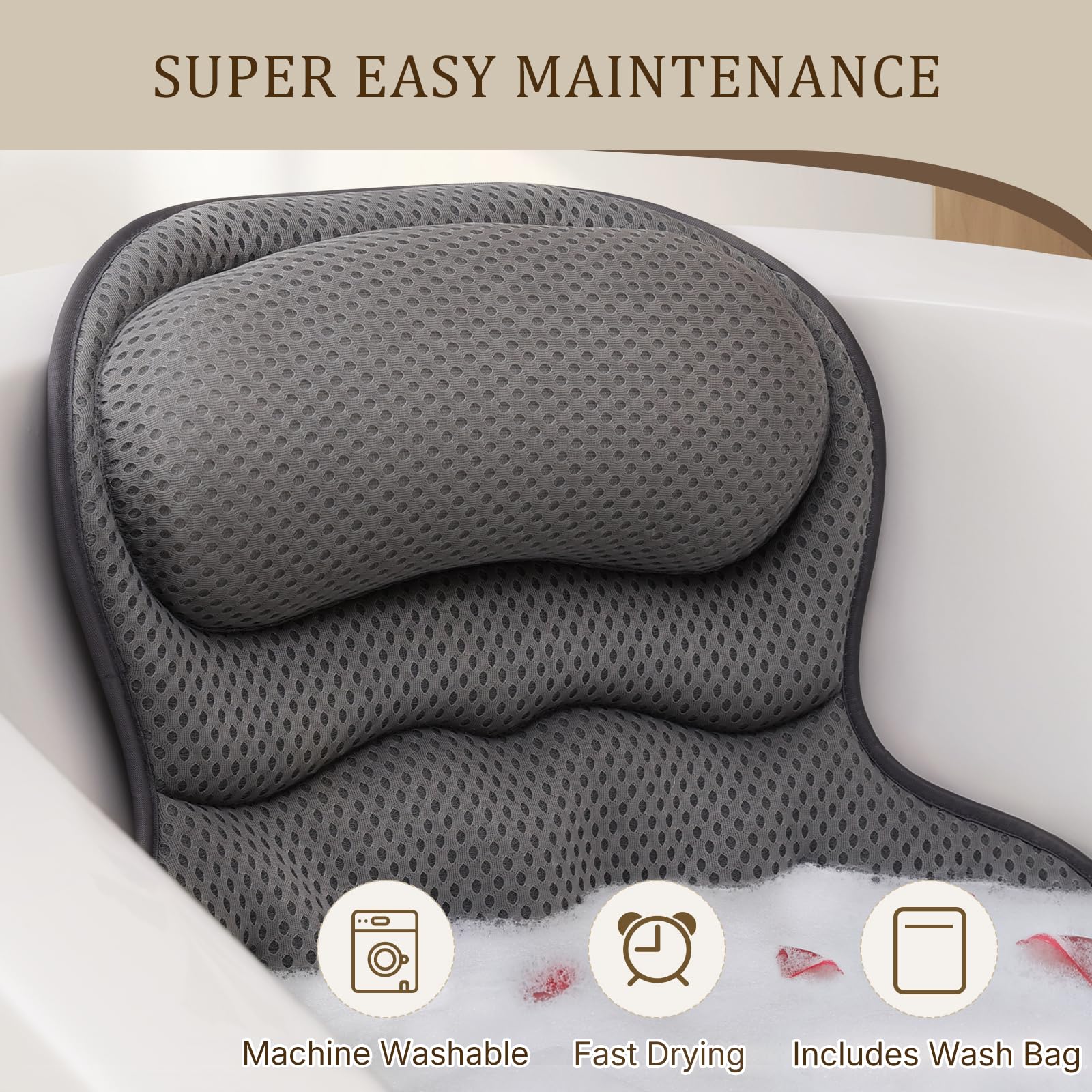 Bath Pillow Bathtub Pillow, Luxury Bath Pillows for Tub Neck and Back Support, Bath Tub Pillow Headrest with Soft 4D Mesh Fabric and Non-Slip Suction Cups, Relaxing Bath Accessories Spa Gifts: Gray