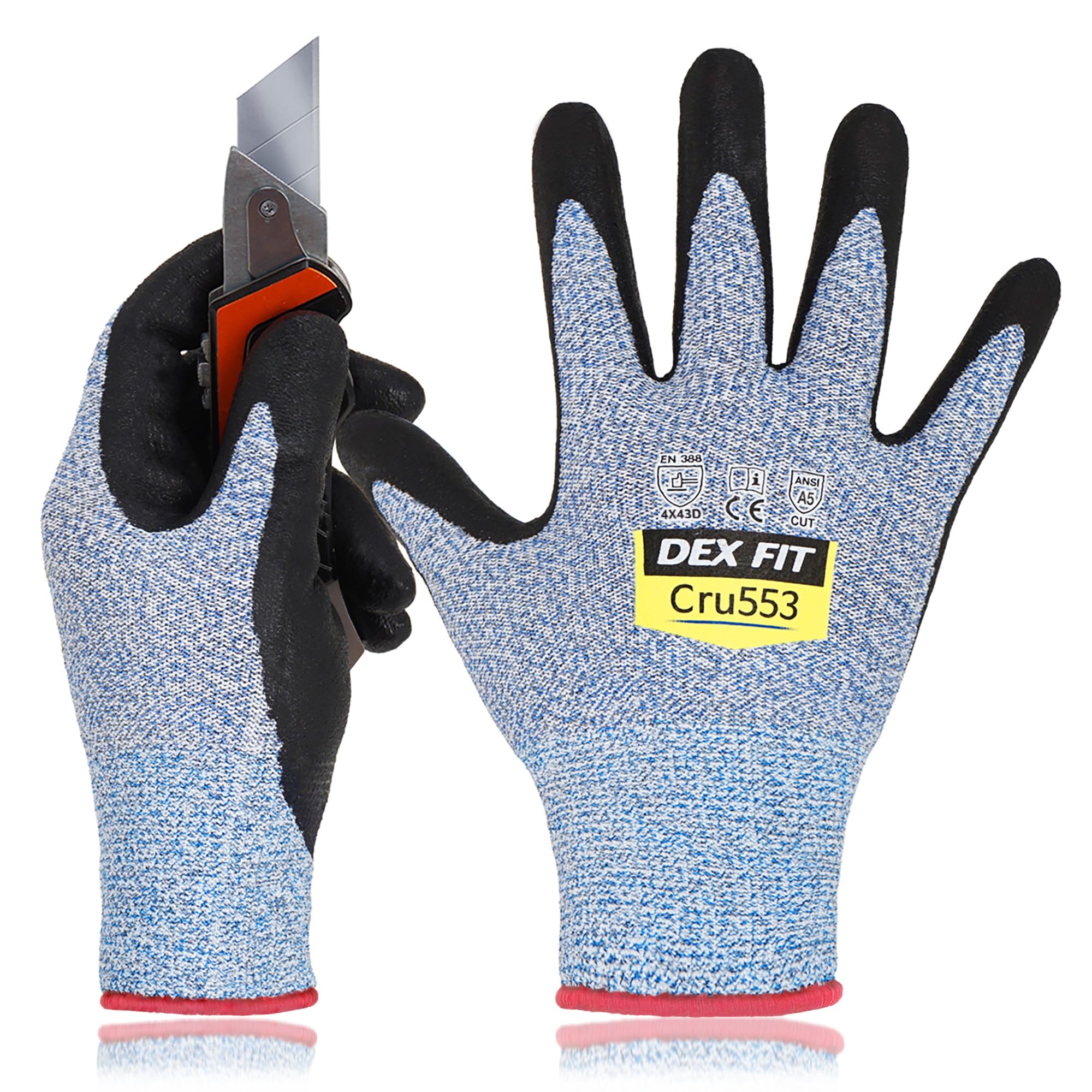 DEX FIT Professional Grade Level 5 Cut Resistant Gloves Cru553, Updated 2025 Coating, 3D Comfort Fit, Water-Based