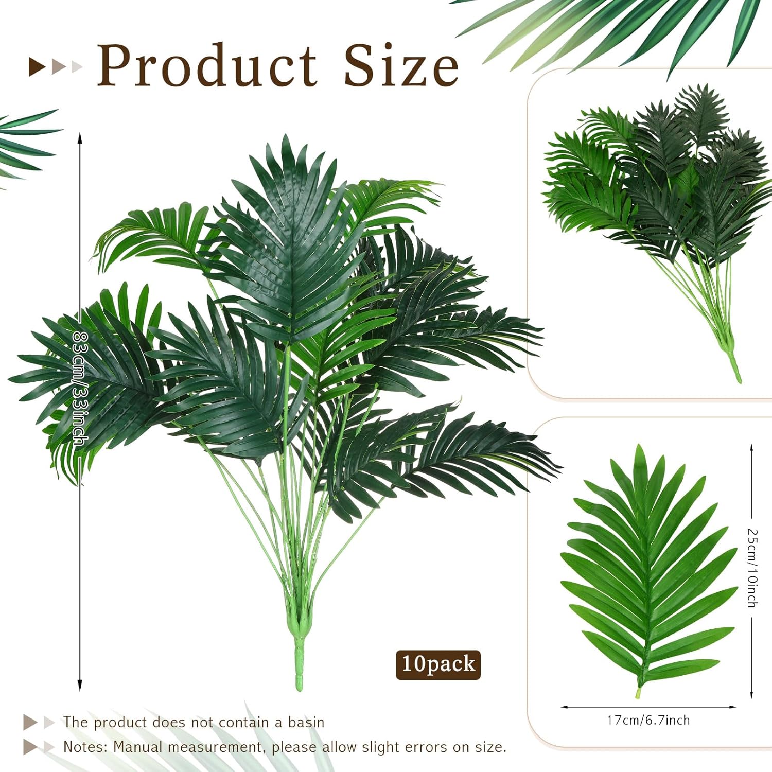 Tigeen 10 Pcs Artificial Palm Leaves Tree 33 Inch Fake Tropical Plant with Stems Large Faux Palm Leaf Bush Greenery for Hawaiian Luau, Jungle Safari, Pool Beach Party, Wedding, Garden, Indoor Outdoor