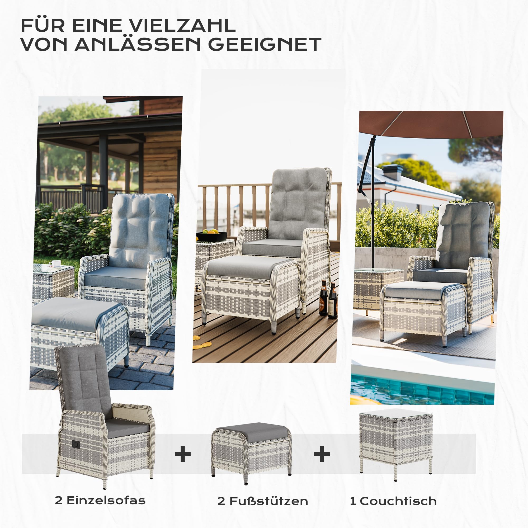 5-teiliges Rattan-Gartenmöbel-Set, Terrassen-Gesprächssets mit 2 Stühlen, 2 Fußhockern und 1 Tisch, verstellbaren Rückenlehnen und weichen Kissen, für Terrassen, Gärten und Innenhöfe, grau