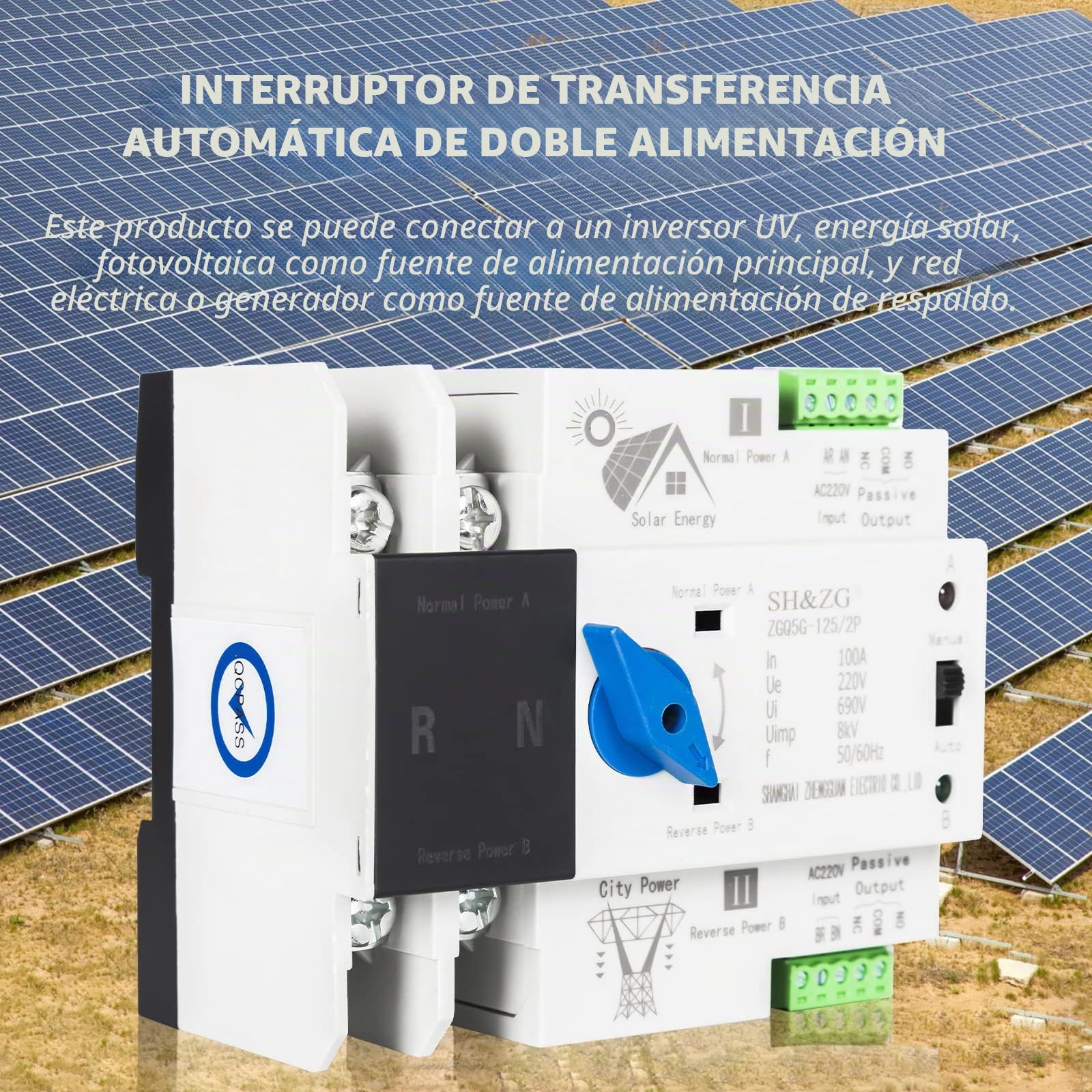 DEWIN Interruptor de Transferencia Automática, 2P 100A 220V ATS Fotovoltaico Interruttore Elettronico