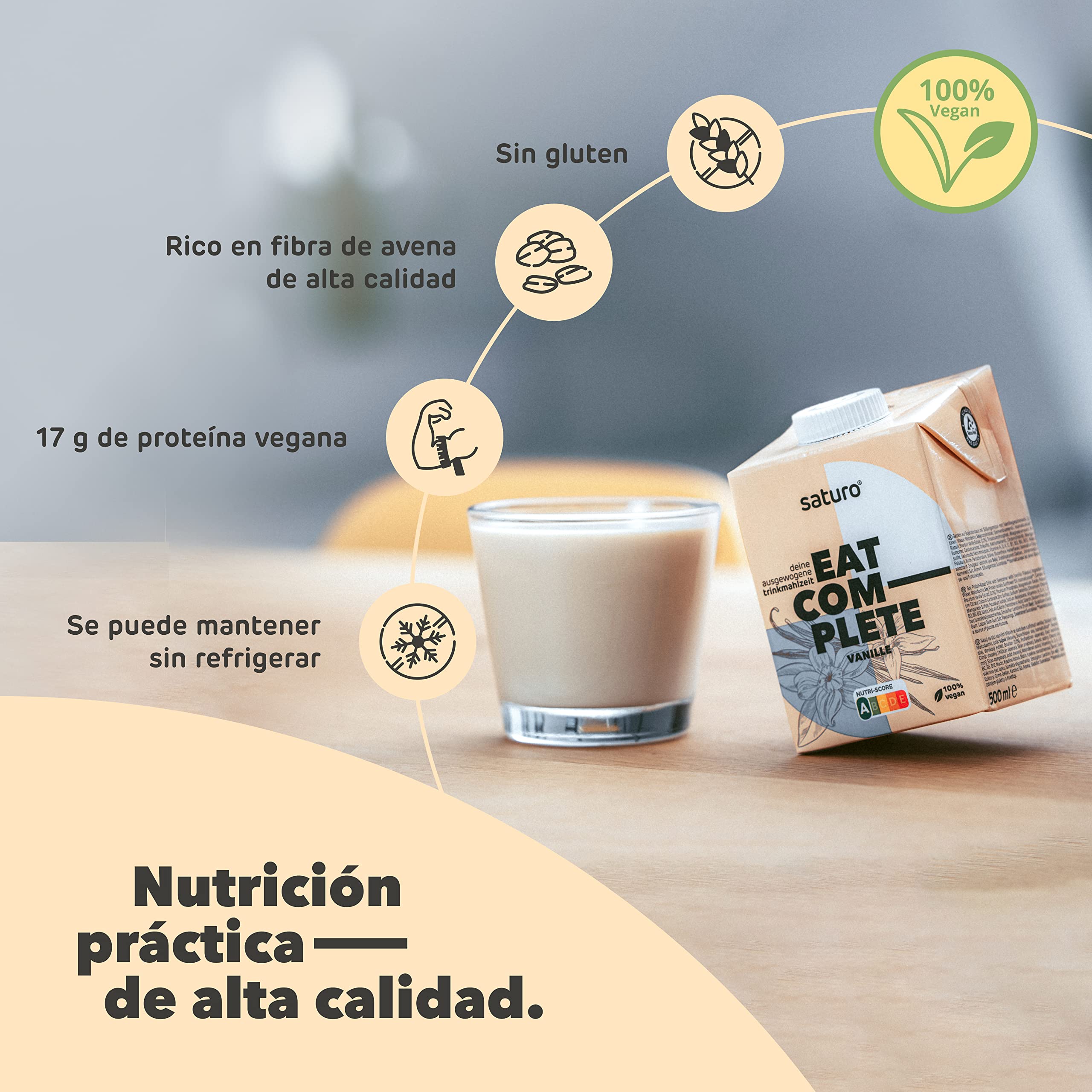 Saturo Batido de Vainilla Sustituto de Comida | Comida para astronautas con proteínas y 500kcal | Vegano | Comida bebible con nutrientes esenciales | 6 x 500 ml
