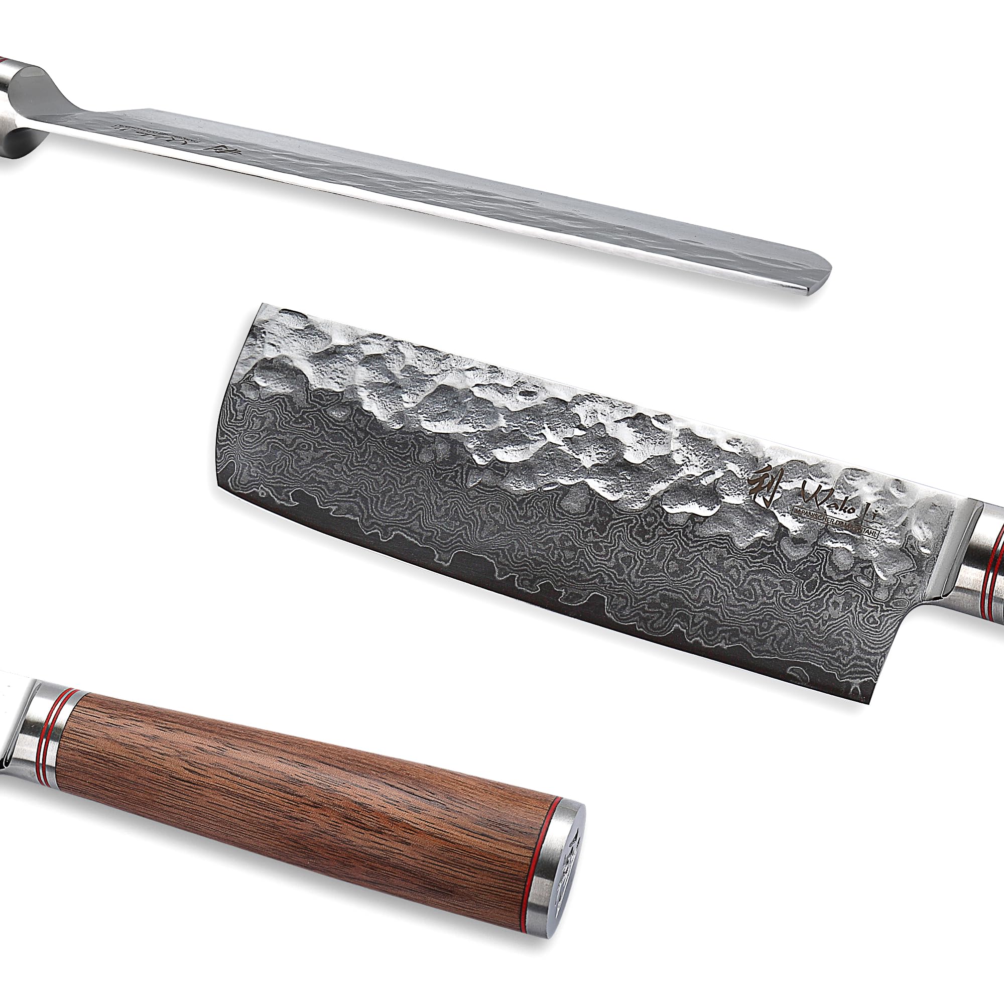 Wakoli Nussbaum Nakiri mit 16,5 cm Klinge, 67 Lagen Damaststahl, VG10 Kern | Hammerschlag, Nussbaumholzgriff und 15° V-Schliff; 30,5 cm Gesamtlänge, für Gemüse und kontrollierte Druckschnitte in Holzbox