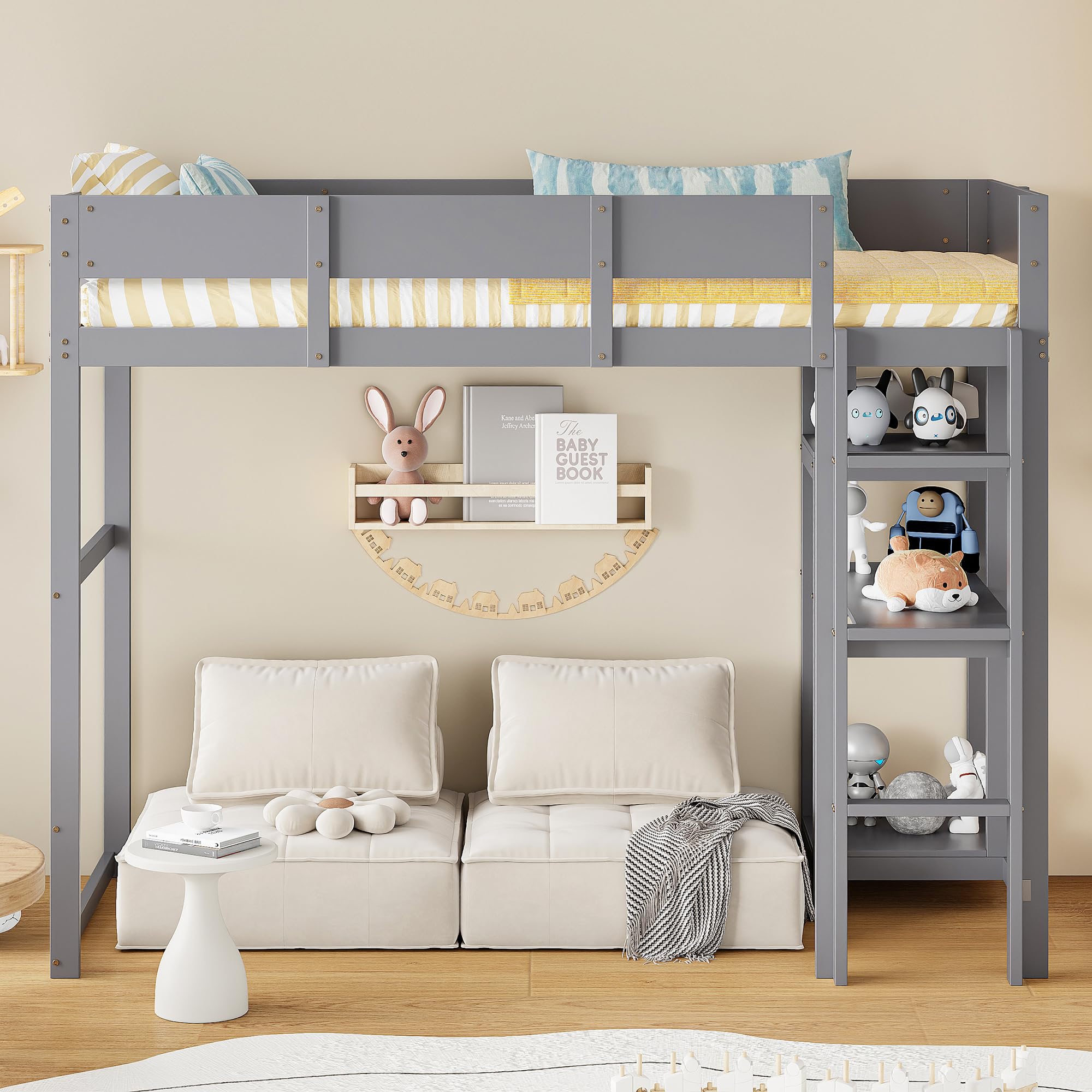 Cama alta para niños de 90 x 200 cm gris que soluciona el desorden