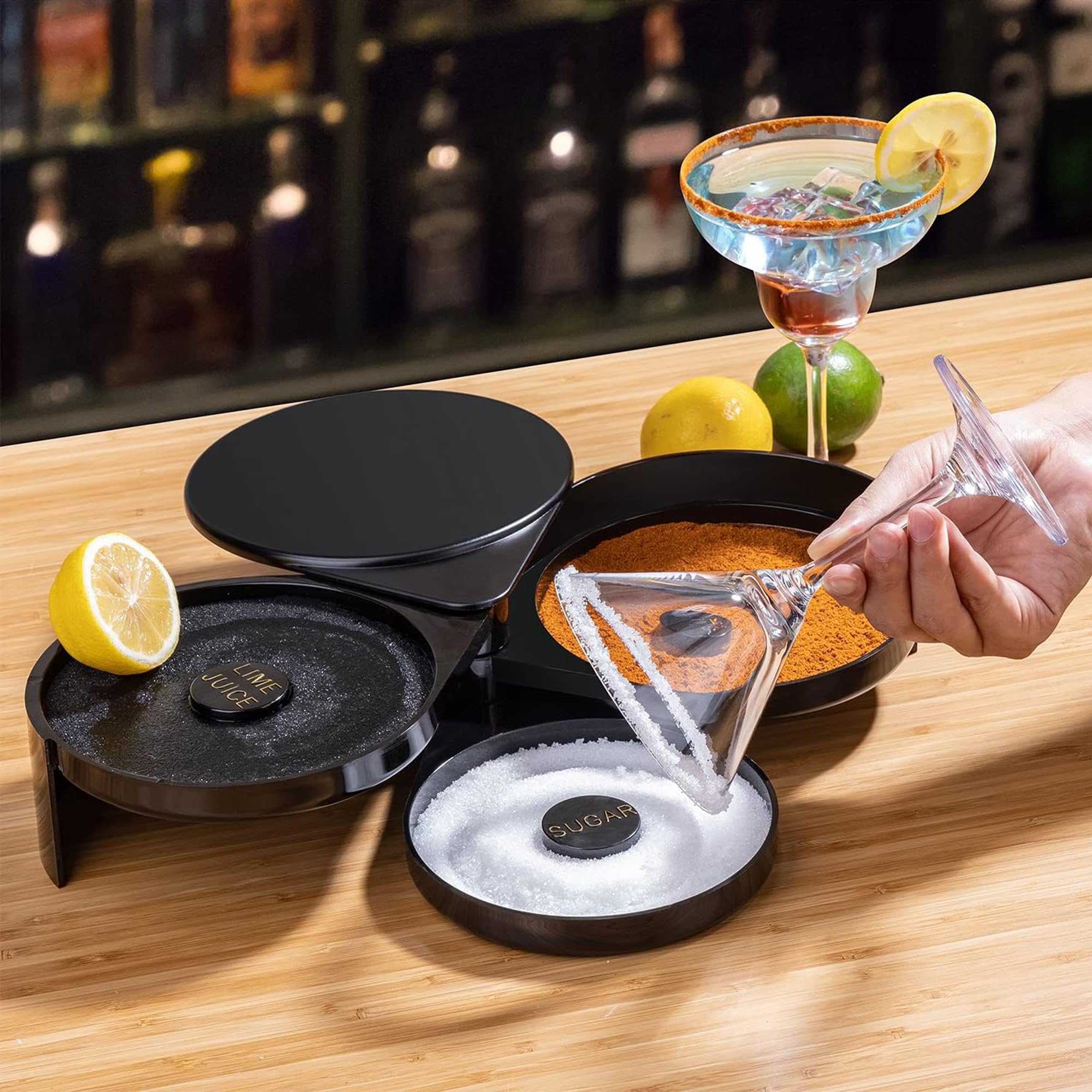 Rimmer per Zucchero e Sale Margarita,Margarita Sale Rimmer,Strumento da Barman,contenitore per sale e spezie,strumento per cocktail e margarita (Sotto Bicchieri da Tavola neri)