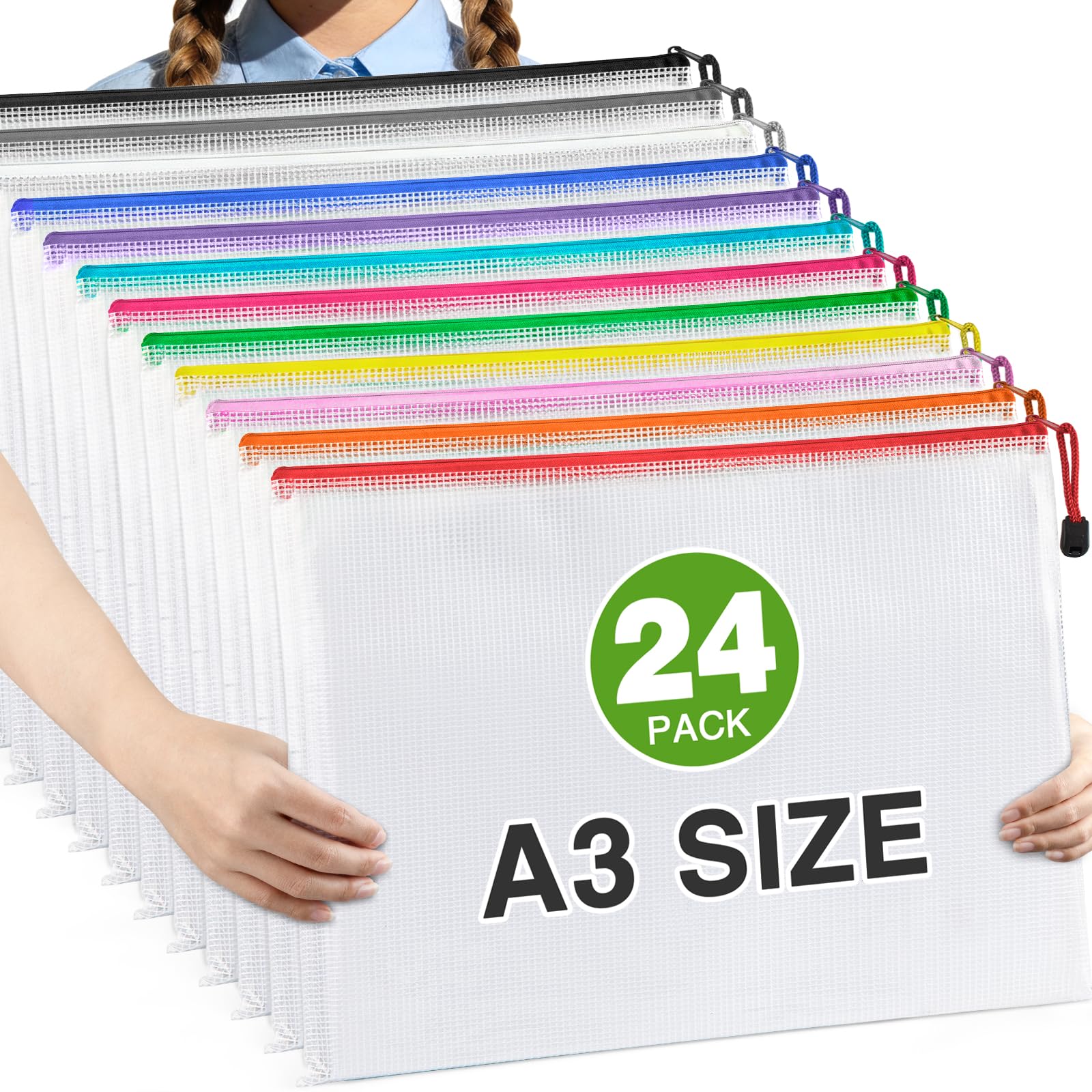 Umriox 24 Pack 12 Colors Zipper Pouches for Organizing, A3 Size (16.9 x 12.4), Big Mesh Bags, Zipper Bags for Puzzles & Board Game Storage, Office