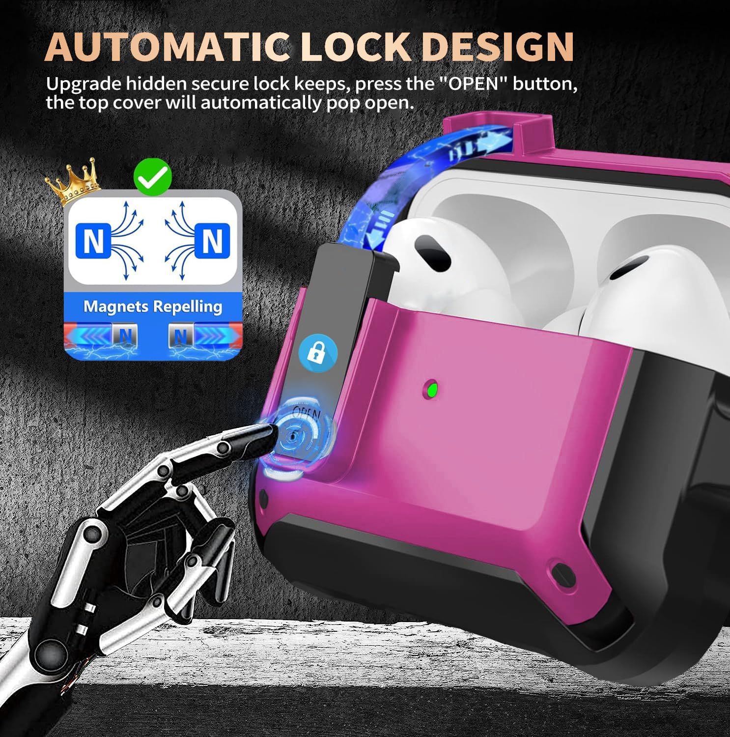 Olytop for Airpods Pro 3 Case with Magnetic Automatic Lock, Rugged Apple Airpod Pro 3rd Generation Cover 2025, Armor Shockproof iPod Pro3 Gen Protective Shell with Carabiner&Cleaner kit, Black/Magenta image 2