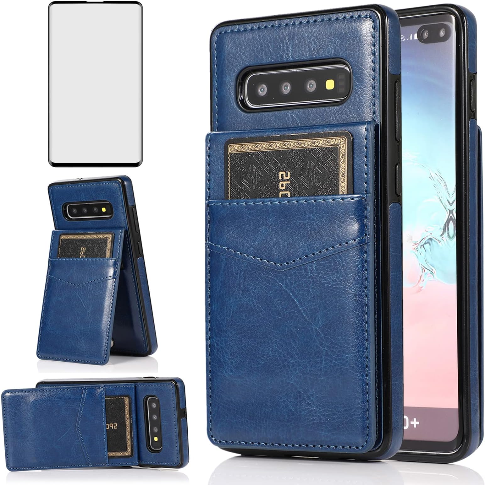Phone Case for Samsung Galaxy S10 with Tempered Glass Screen Protector and Credit Card Holder Wallet Cover Stand Leather Cell Accessories Glaxay S 10 Edge Gaxaly 10S GS10 X10 Cases Women Men Blue