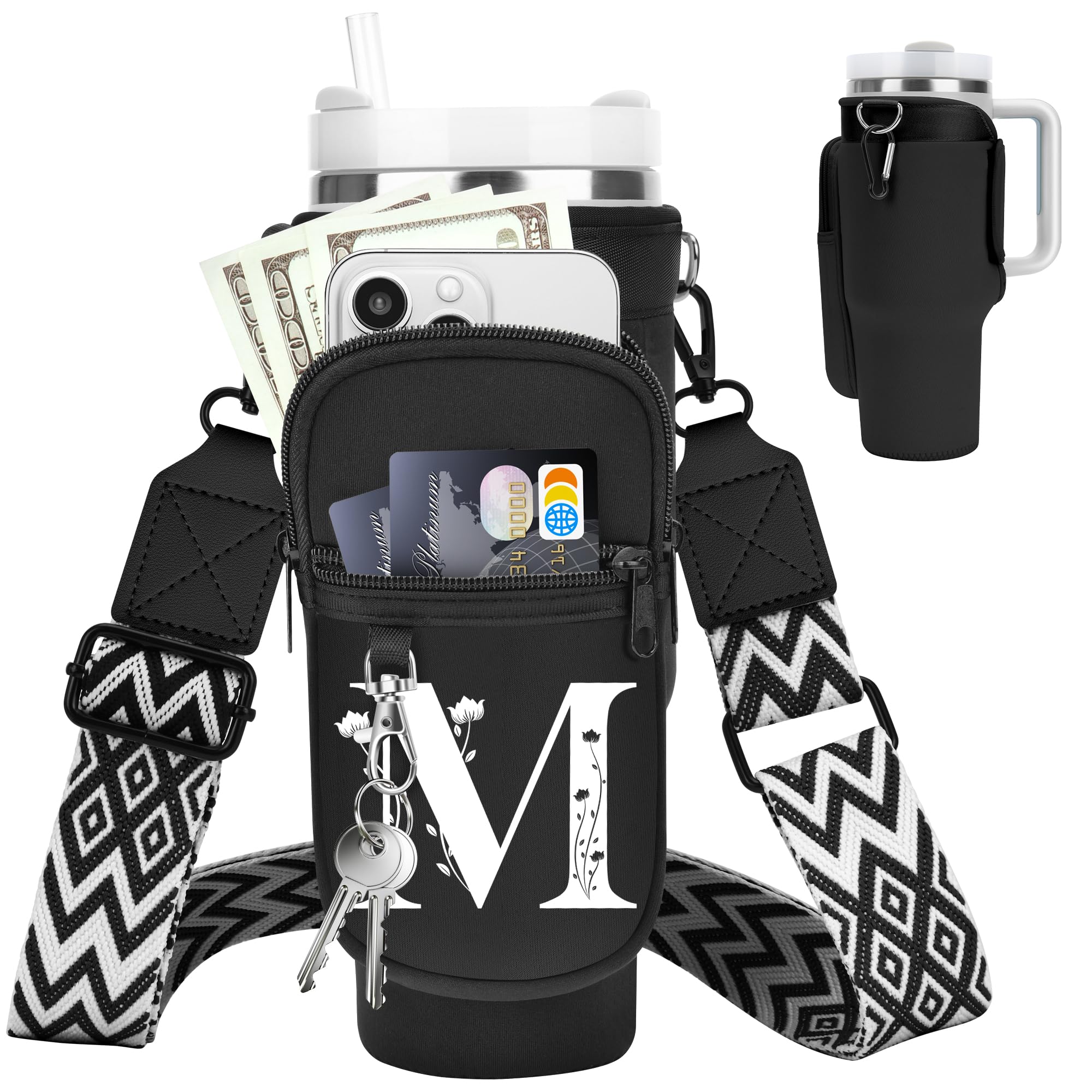 LOKASS Stanley Cup Accessories 40 oz Water Bottle Carrier Bag with Phone Pocket, Personalized Gifts with Floral Initial A-Z for Women/Girls/Fans
