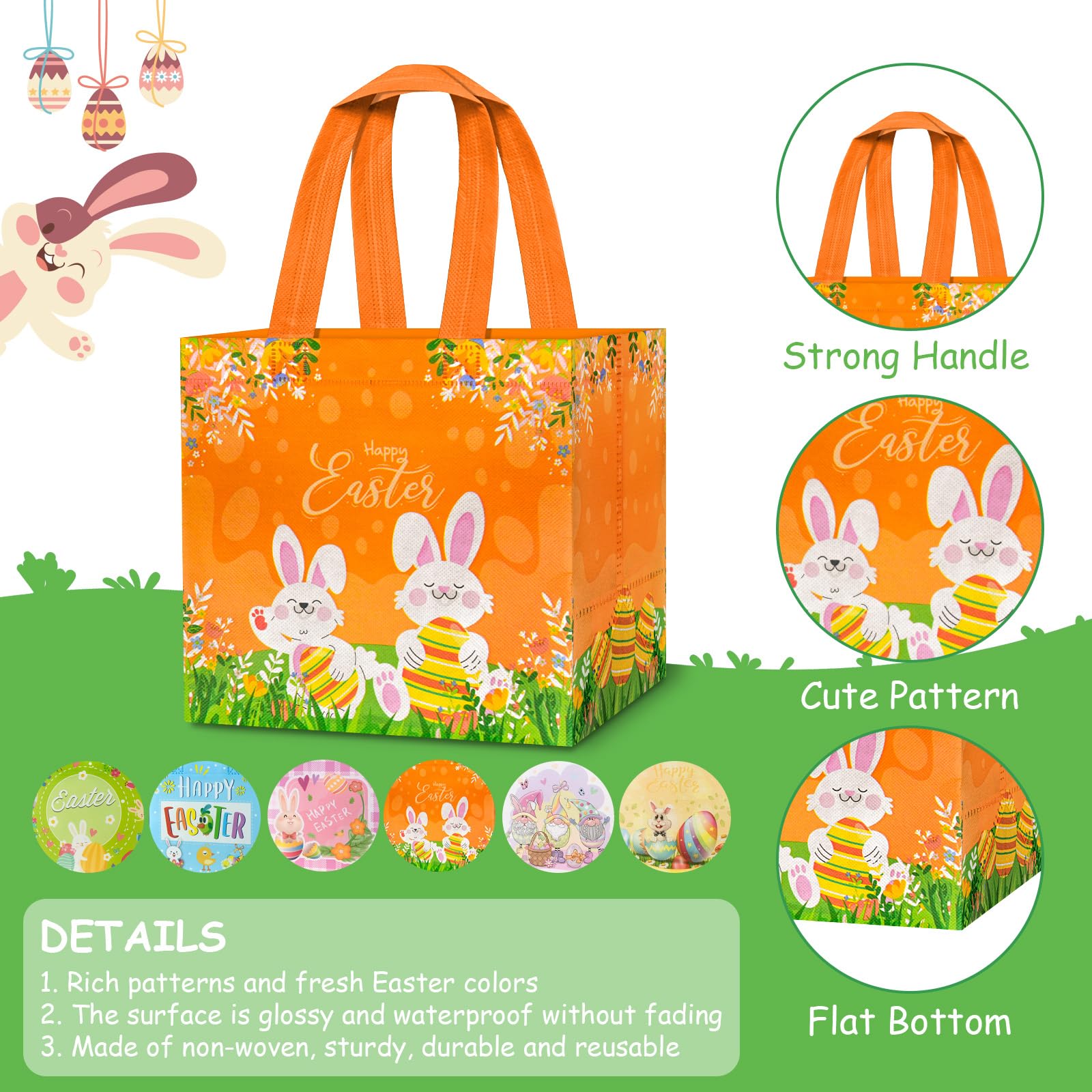 Easter Gift Bags, Gsctnn 5Pcs Easter Bunny Egg Hunt Tote Bags, Reusable Non-Woven Water Resistant Bag with Handles Kids Girls - Image 2