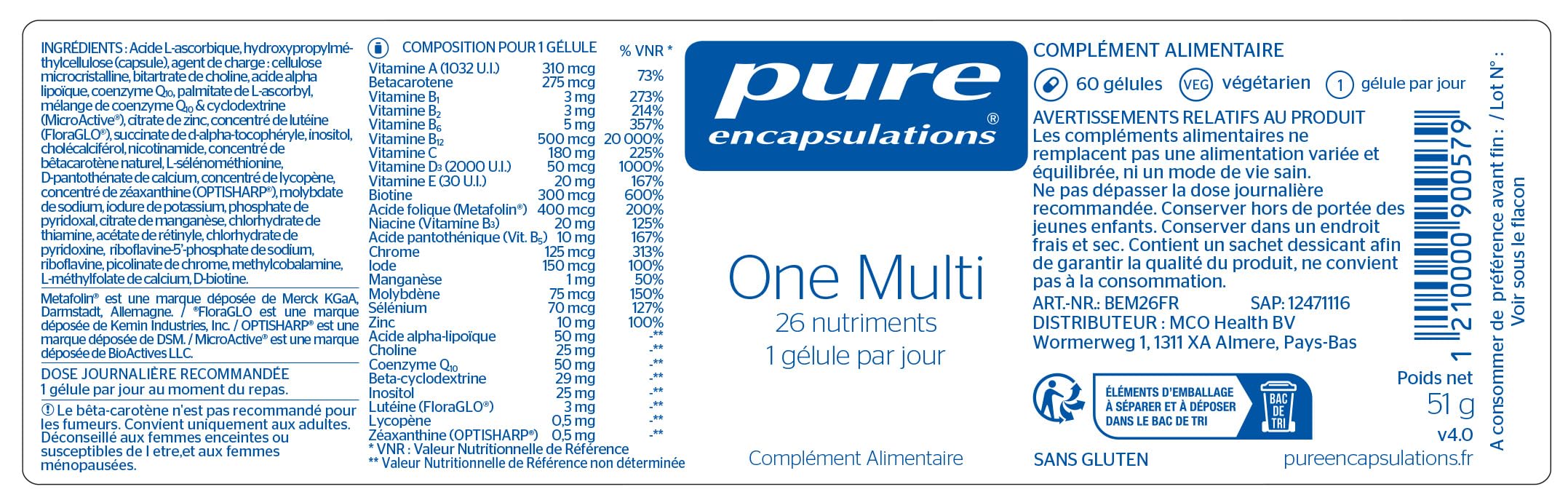 Pure Encapsulations - Multivitamines et Minéraux One Multi - Vitamines A, B, C, D, E et K - Multi-Vitamines Homme et Femme - Végétarien - 60 Gélules | 12 Vitamines (A, B, C, D, E, K), 7 Minéraux, 26 nutriments en 1 Gélule, Dosages Optimaux, Végétarien, Co