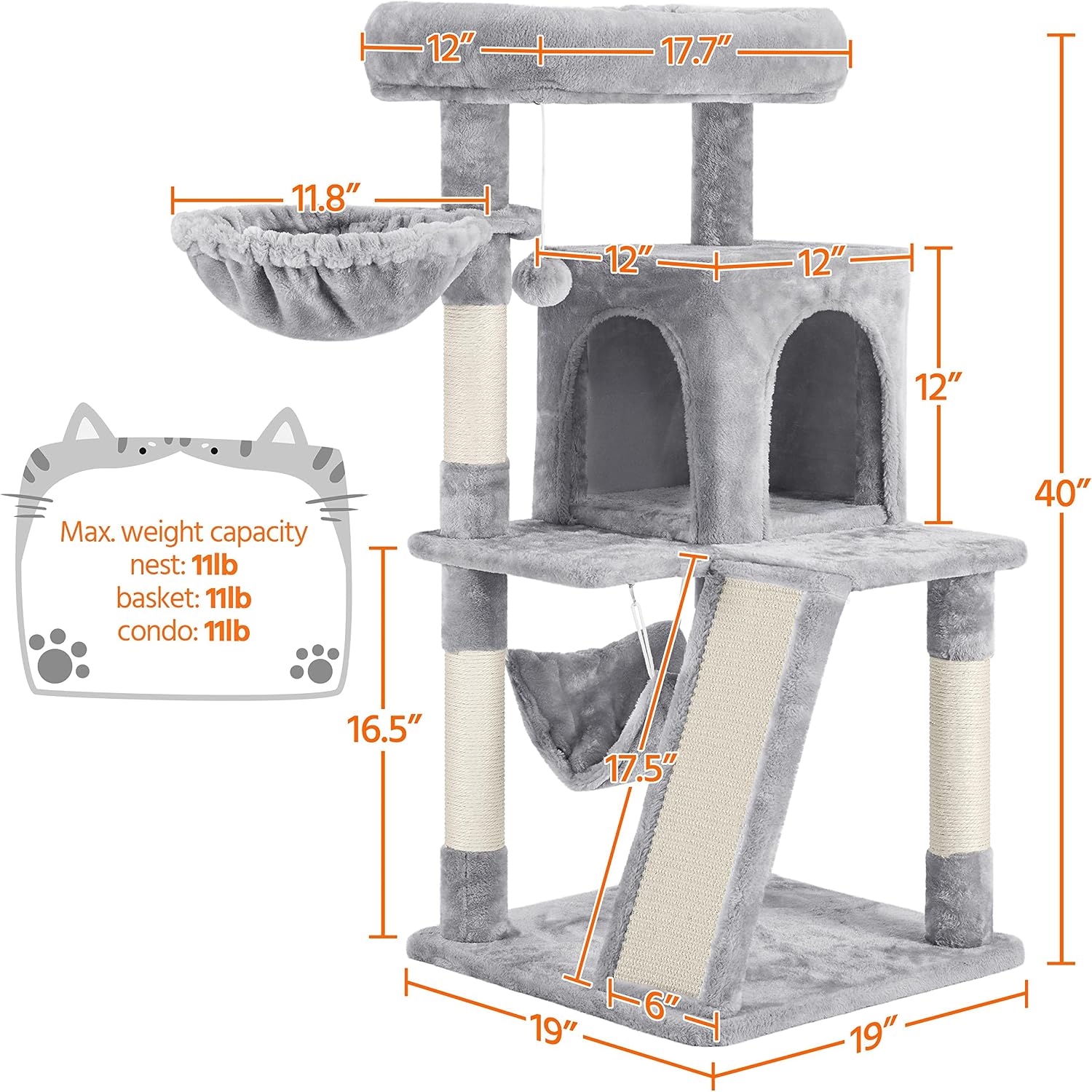 Topeakmart 40In Cat Tower Tree with Cozy Perches Condo & Sisal-Covered Scratching Posts & Soft Platform, Light Gray