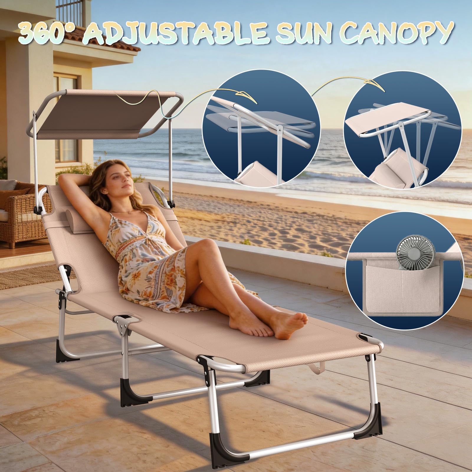 Sonnenliege Klappbar mit Dach 2er Set, Liegestuhl Aluminium Wetterfest 194 X 68 X 29 cm, Strandliege Gartenliege Klappliege Sonnenschutz mit Kopfkissen & Seitentasche, Khaki